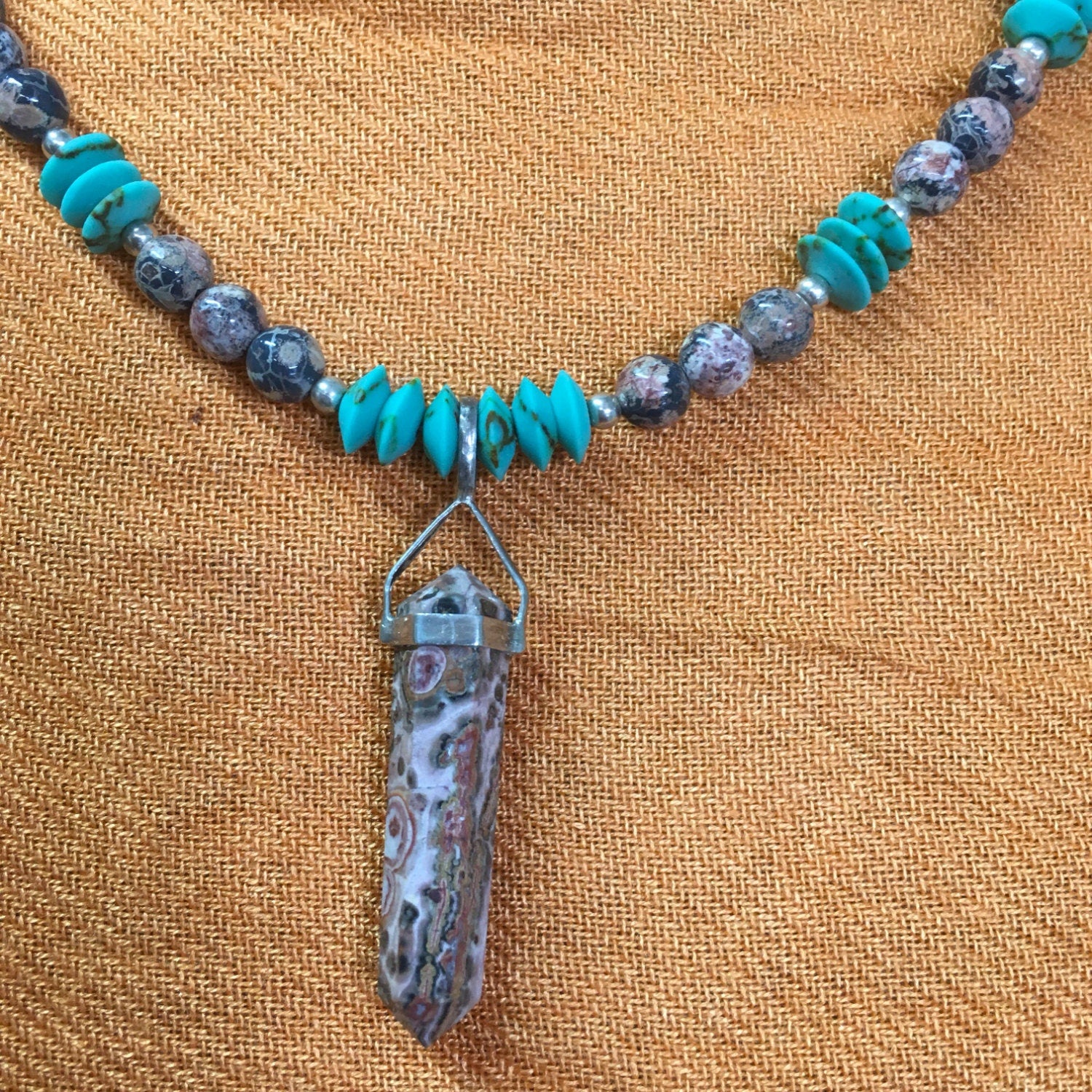 necklace "Leopard in the Sky" Leopardskin Jasper pendant & beads, Afghan Turquoise, Gender Neutral necklace, Reiki charged, Protection stone