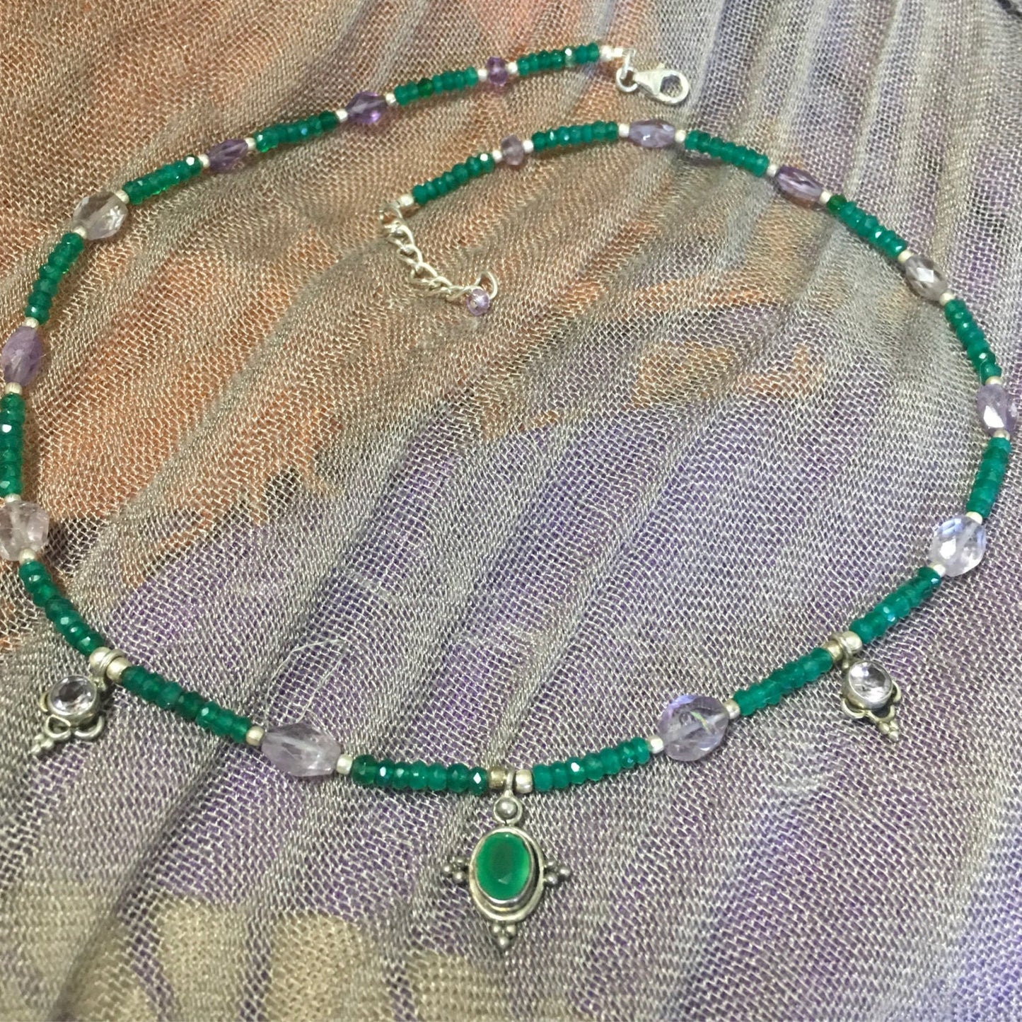 necklace "Royal Bounty" Green Onyx & Amethyst pendants, Amethyst, Gift for Her, Green Onyx, Reiki charged, Wedding jewelry, Bridesmaid