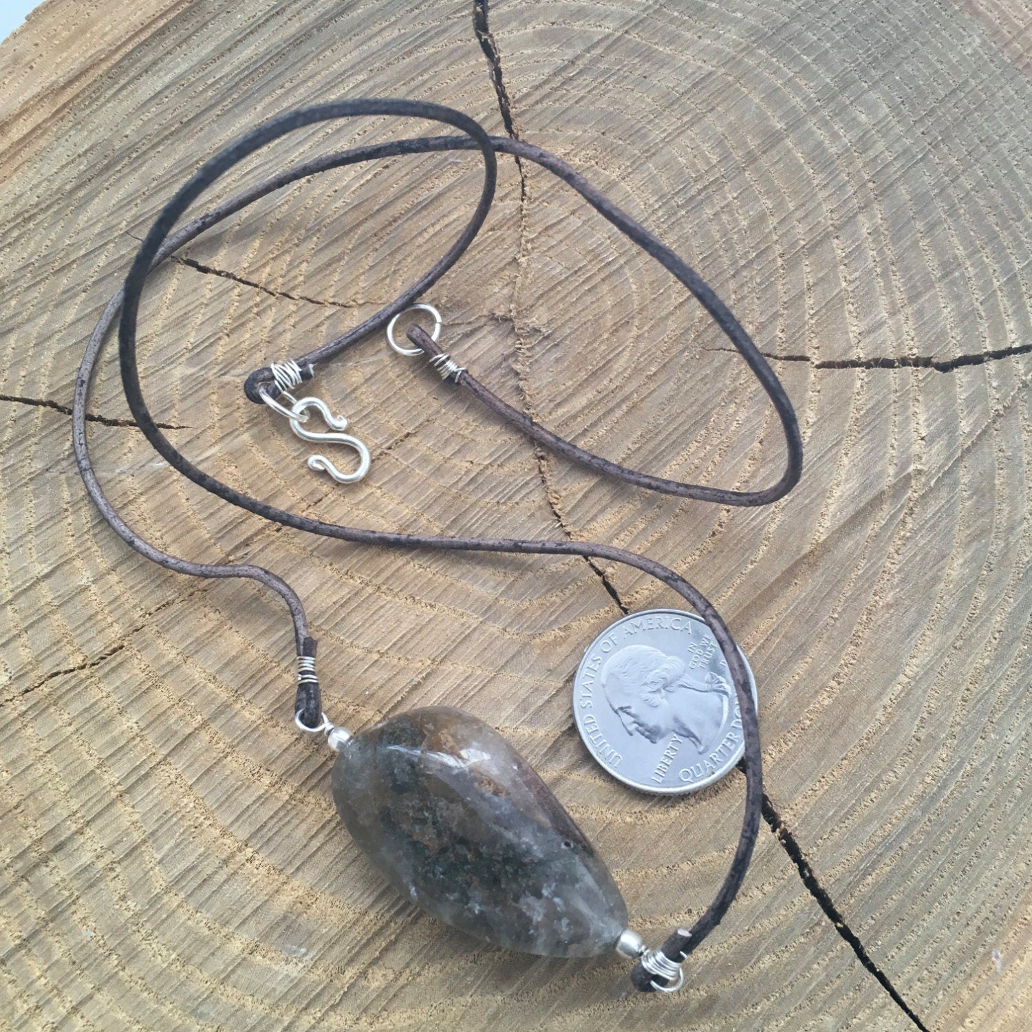 necklace "Earthly Healing" Lodalite focal, Garden Quartz, Gift idea, Gender Neutral jewelry, Reiki charged, leather necklace, Crystals