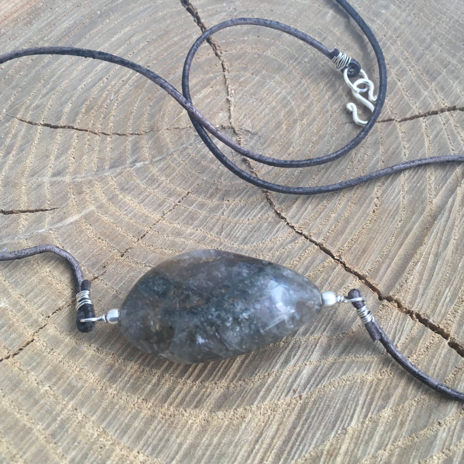 necklace "Earthly Healing" Lodalite focal, Garden Quartz, Gift idea, Gender Neutral jewelry, Reiki charged, leather necklace, Crystals