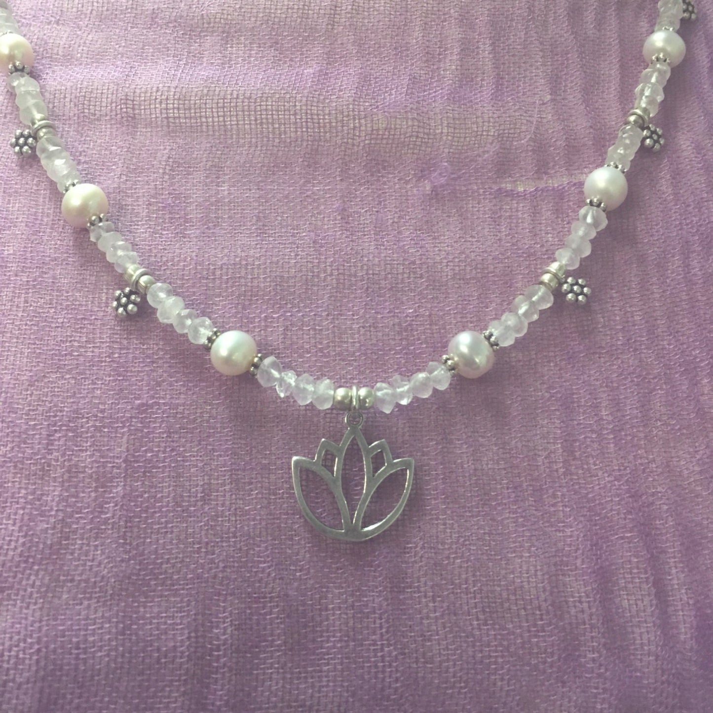 necklace "Sweetness" sterling Lotus charm, Rose Quartz, Sterling Flowers, Pearls, Gift idea, Gift of Love, Reiki charged, Wedding jewelry