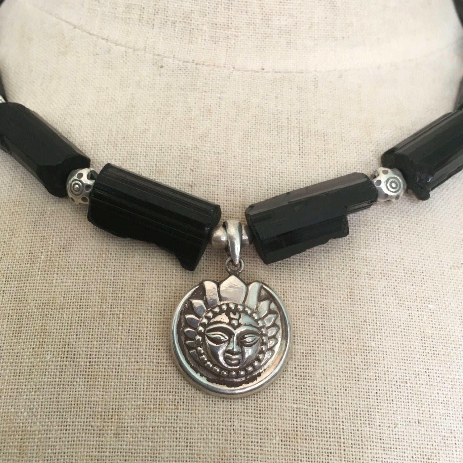 necklace "Light in the Darkness" Sterling Sun/Moon pendant, Black Tourmaline, Hill Tribe Silver Stars, Gender Neutral, Reiki vibe, Gift idea