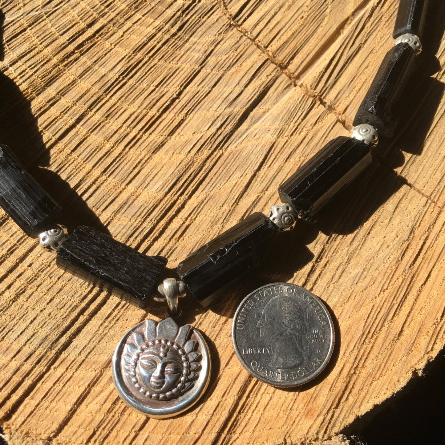 necklace "Light in the Darkness" Sterling Sun/Moon pendant, Black Tourmaline, Hill Tribe Silver Stars, Gender Neutral, Reiki vibe, Gift idea