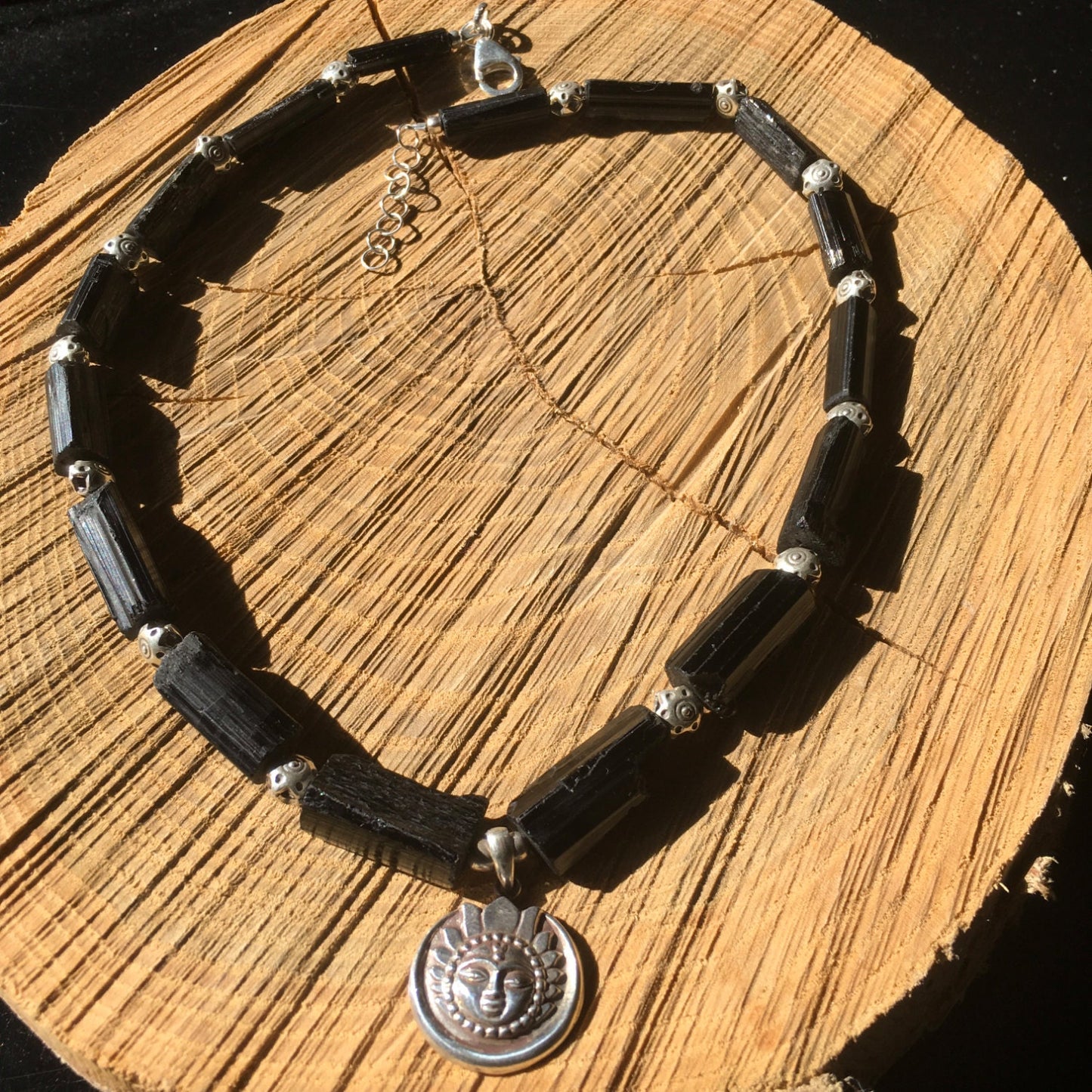 necklace "Light in the Darkness" Sterling Sun/Moon pendant, Black Tourmaline, Hill Tribe Silver Stars, Gender Neutral, Reiki vibe, Gift idea