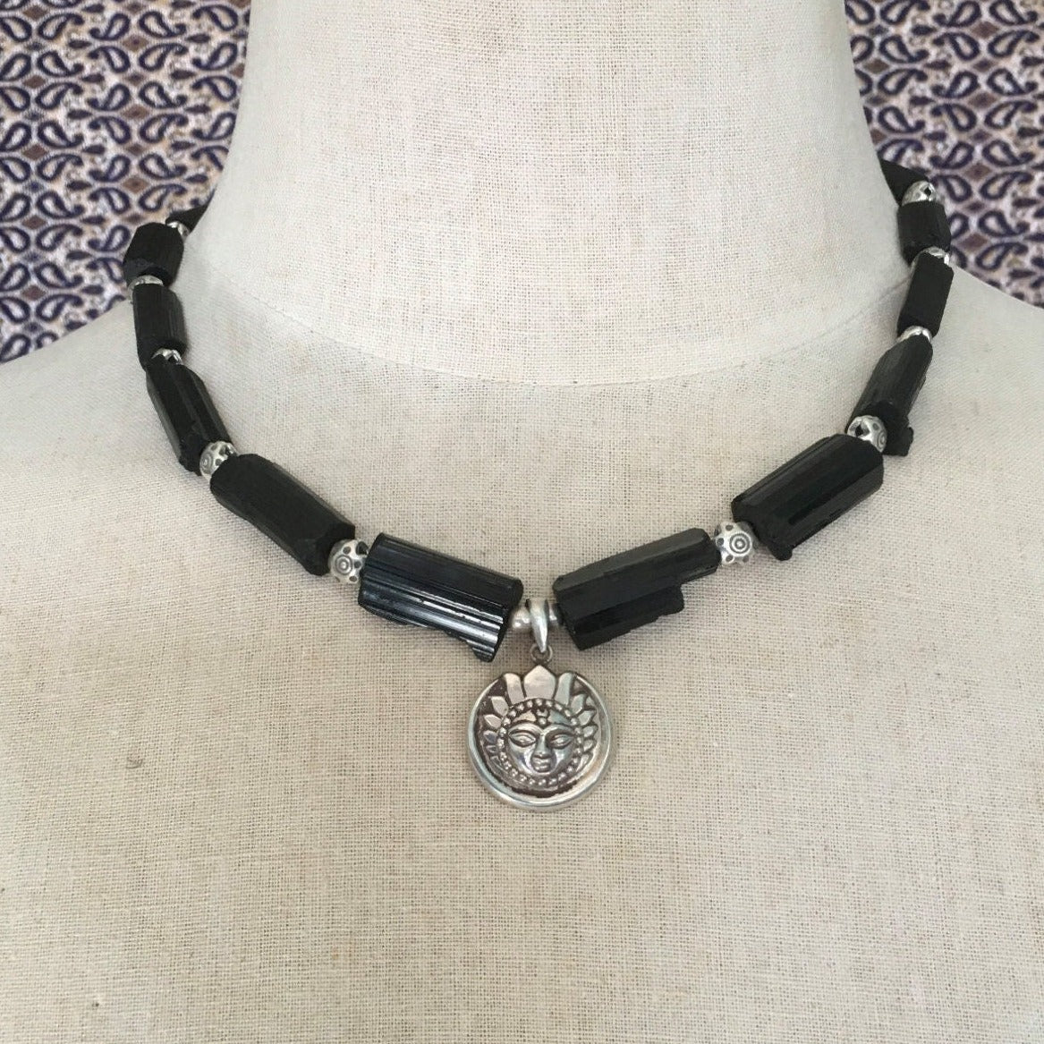 necklace "Light in the Darkness" Sterling Sun/Moon pendant, Black Tourmaline, Hill Tribe Silver Stars, Gender Neutral, Reiki vibe, Gift idea