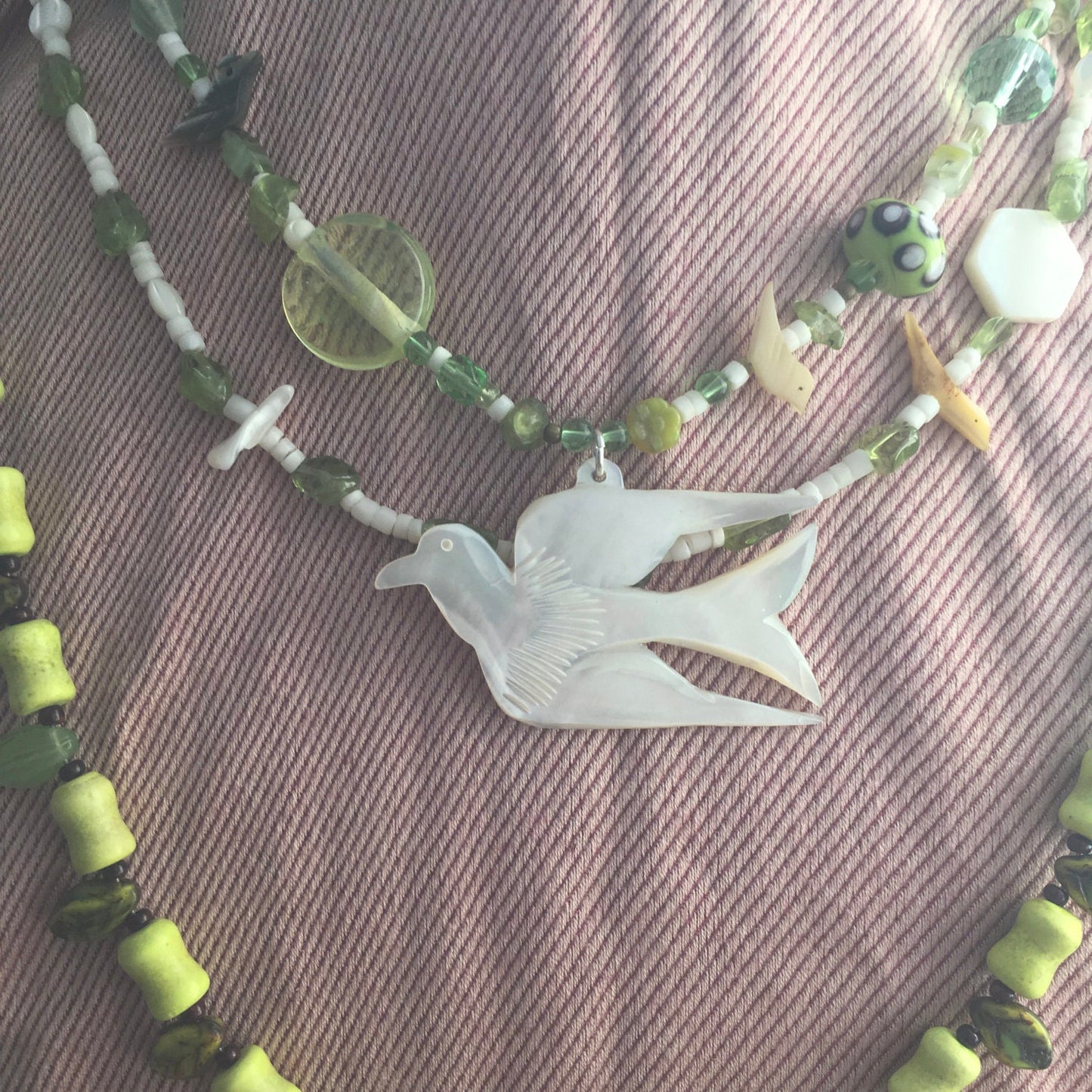 necklace "Peace" Dove pendant, Statement Piece, Spring Line, Gift idea, Birds, Earth Day, Peridot, shell heishi, leaves, Gender Neutral