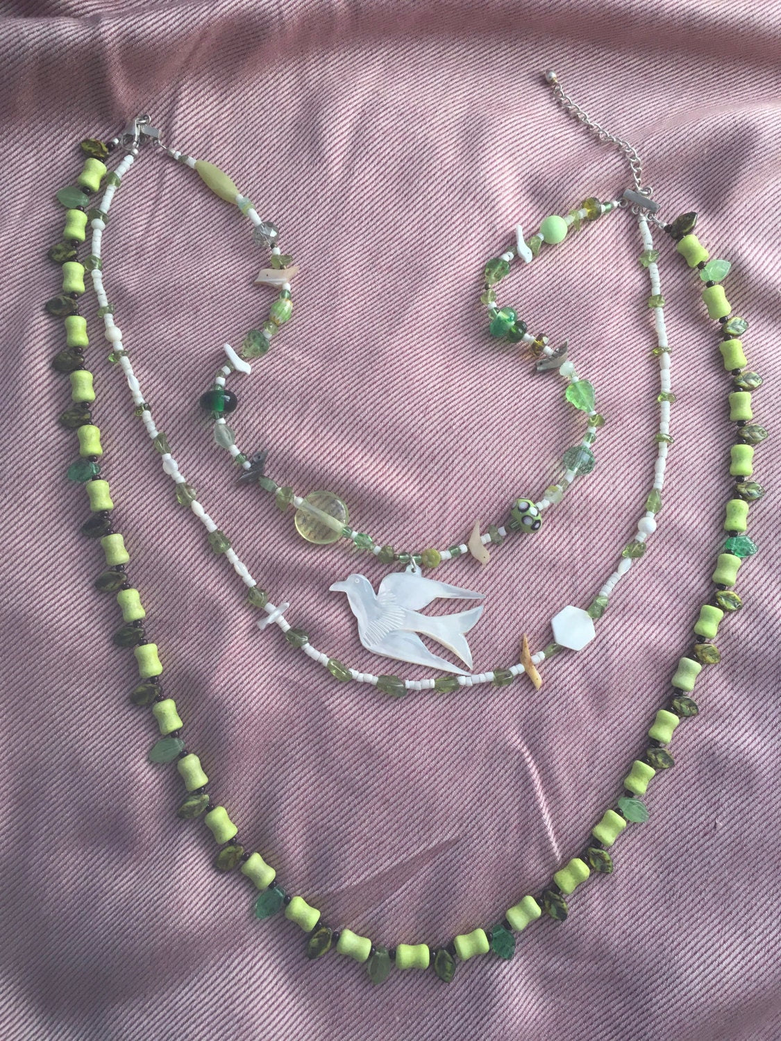 necklace "Peace" Dove pendant, Statement Piece, Spring Line, Gift idea, Birds, Earth Day, Peridot, shell heishi, leaves, Gender Neutral