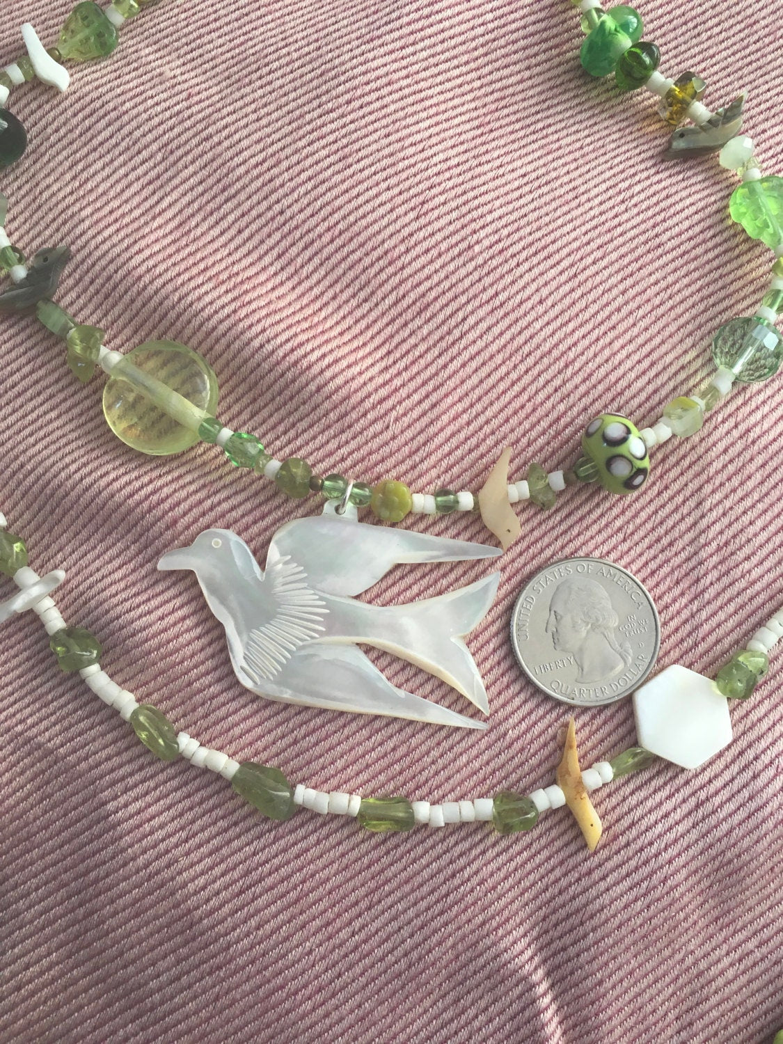 necklace "Peace" Dove pendant, Statement Piece, Spring Line, Gift idea, Birds, Earth Day, Peridot, shell heishi, leaves, Gender Neutral