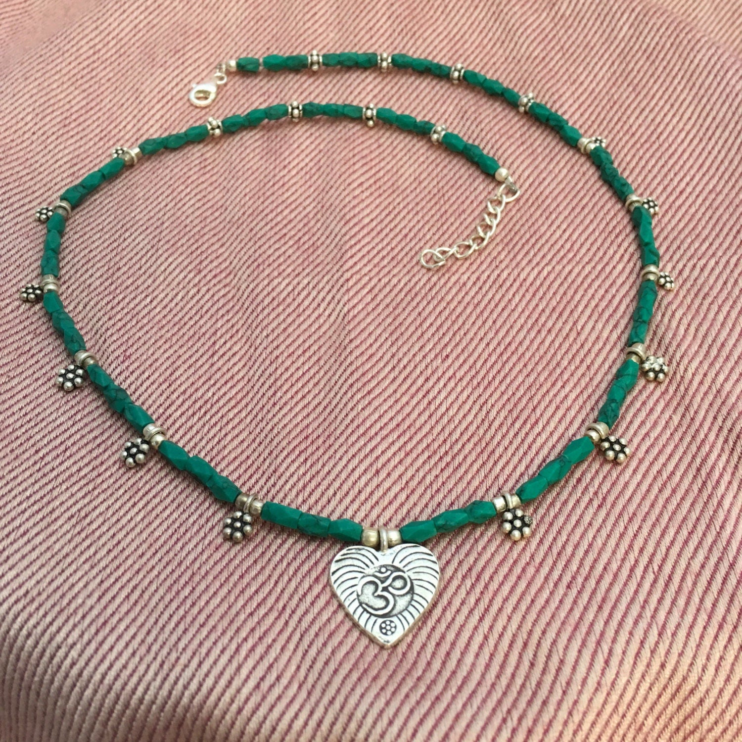 necklace "Balanced Heart" Fine Silver Ohm Heart, Hill Tribe Silver Heart, Malachite necklace, Heart chakra, Gift Idea, Self Love, Reiki