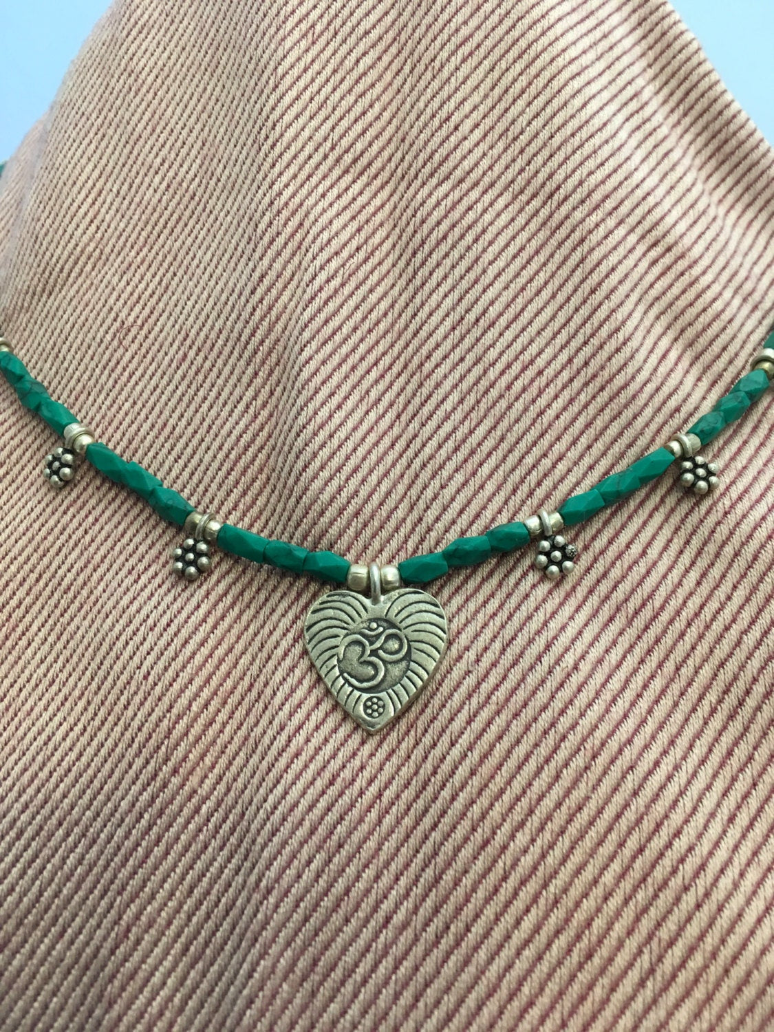 necklace "Balanced Heart" Fine Silver Ohm Heart, Hill Tribe Silver Heart, Malachite necklace, Heart chakra, Gift Idea, Self Love, Reiki