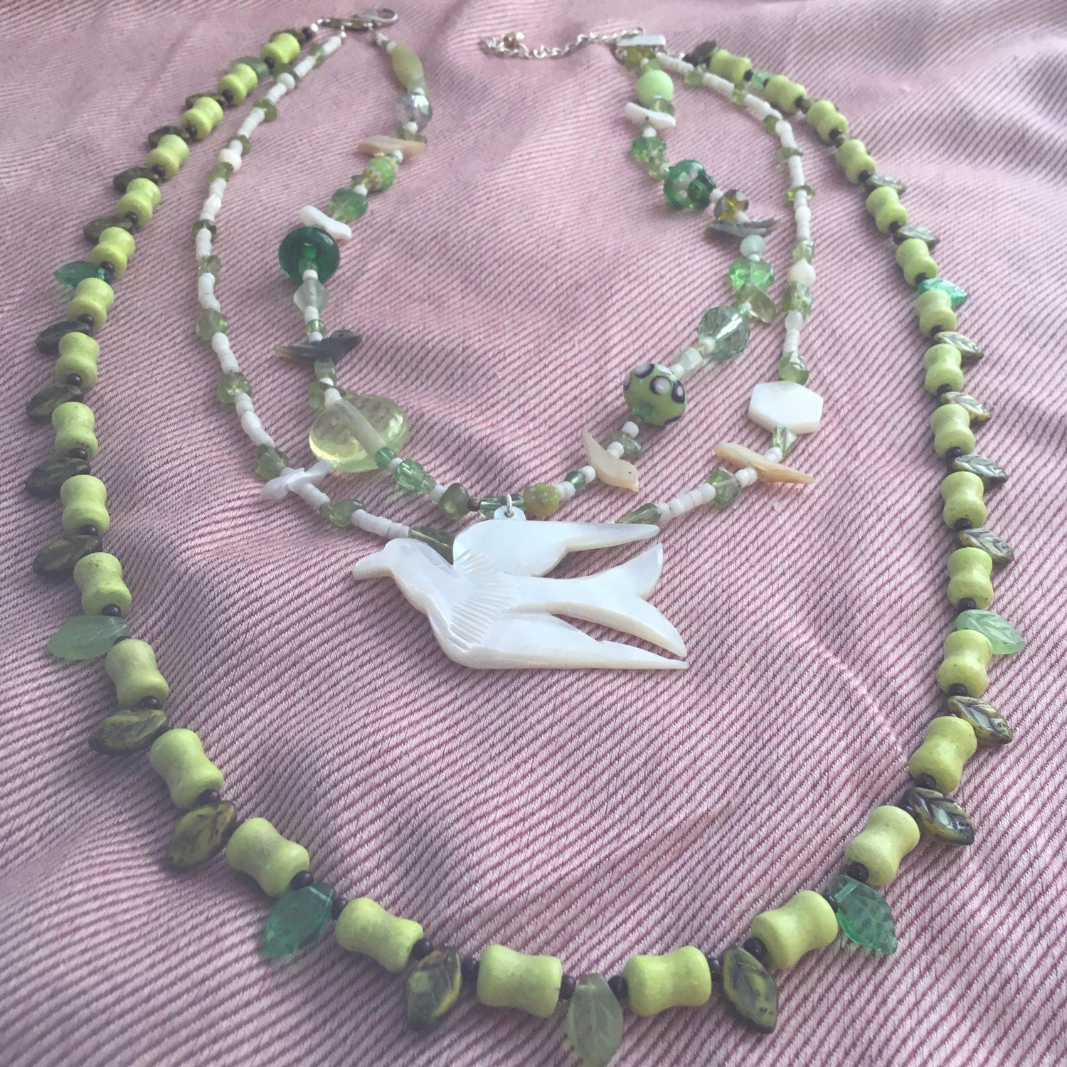 necklace "Peace" Dove pendant, Statement Piece, Spring Line, Gift idea, Birds, Earth Day, Peridot, shell heishi, leaves, Gender Neutral