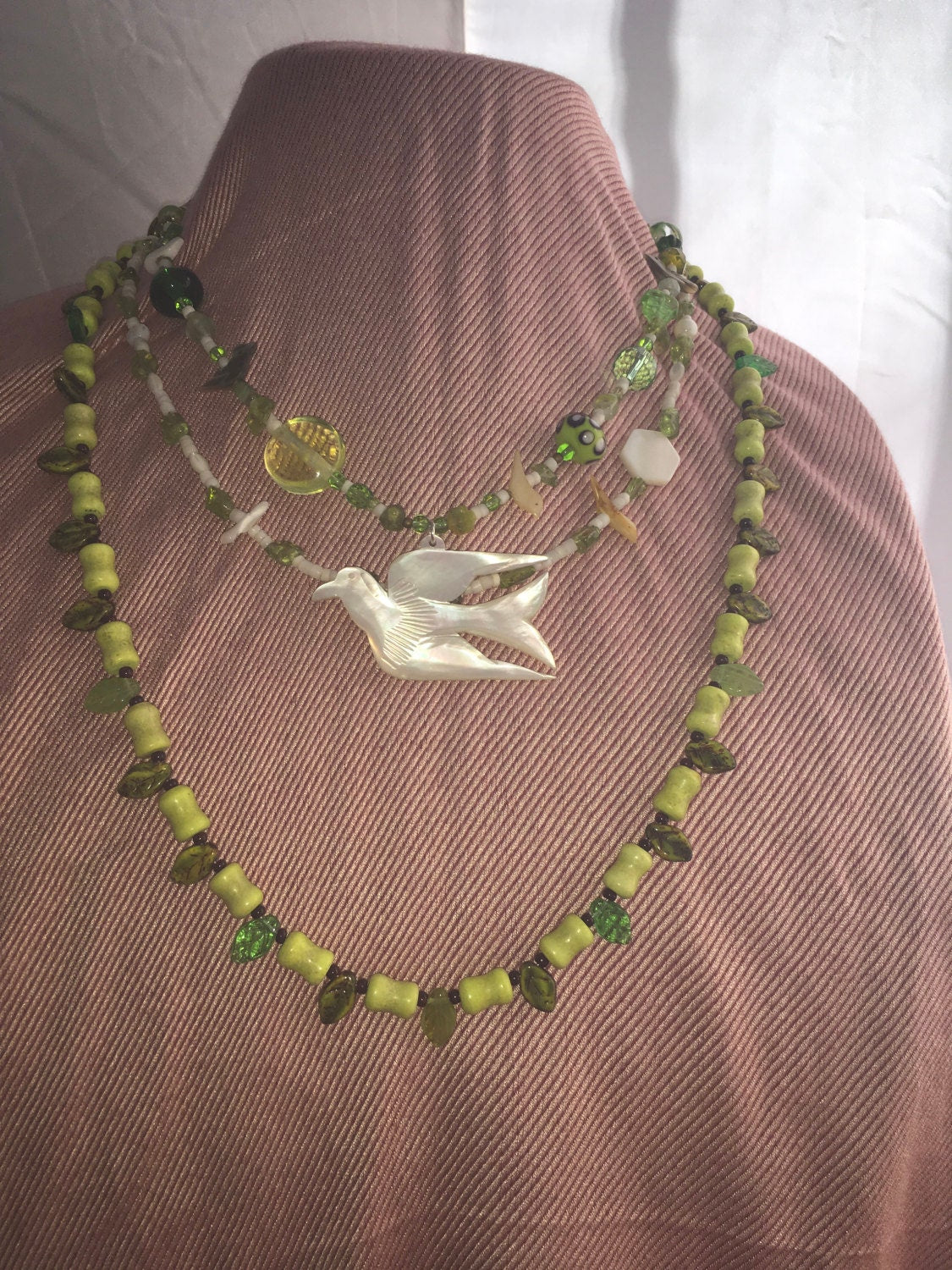 necklace "Peace" Dove pendant, Statement Piece, Spring Line, Gift idea, Birds, Earth Day, Peridot, shell heishi, leaves, Gender Neutral