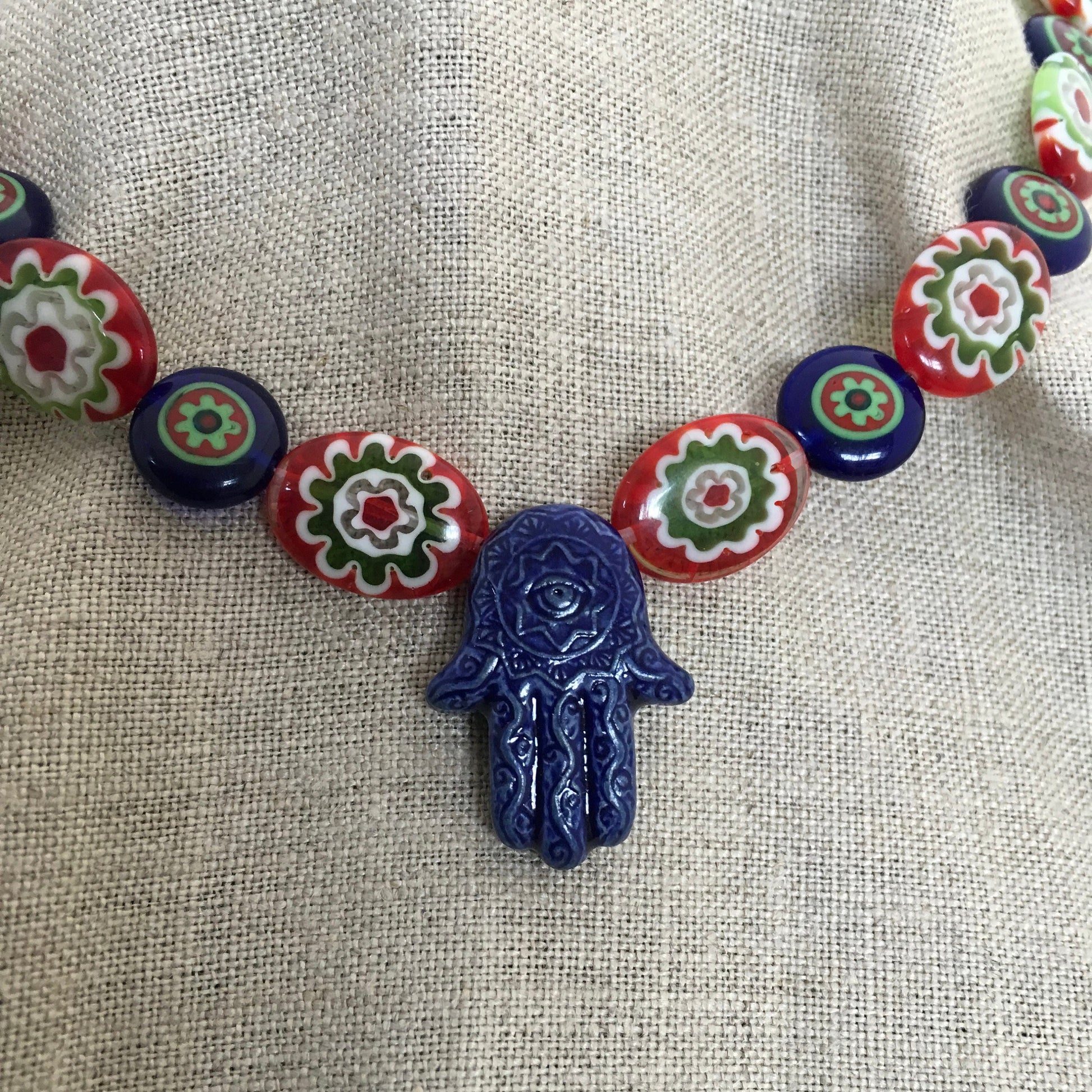 necklace "Blue Hamsa" Ceramic Hamsa, Millefiori beads, Mediterranean style, Gift idea, Festival jewelry, Gender Neutral, Reiki charged