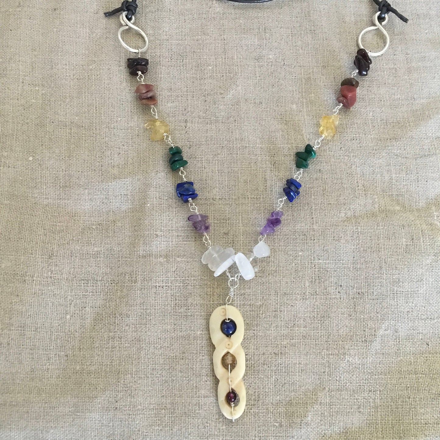 necklace "Helix" Carved Bone pendant, Rainbow stones, LGBTQ+ Jewelry, Pride jewelry, Chakra necklace, Reiki charged, Handmade chain, Rainbow