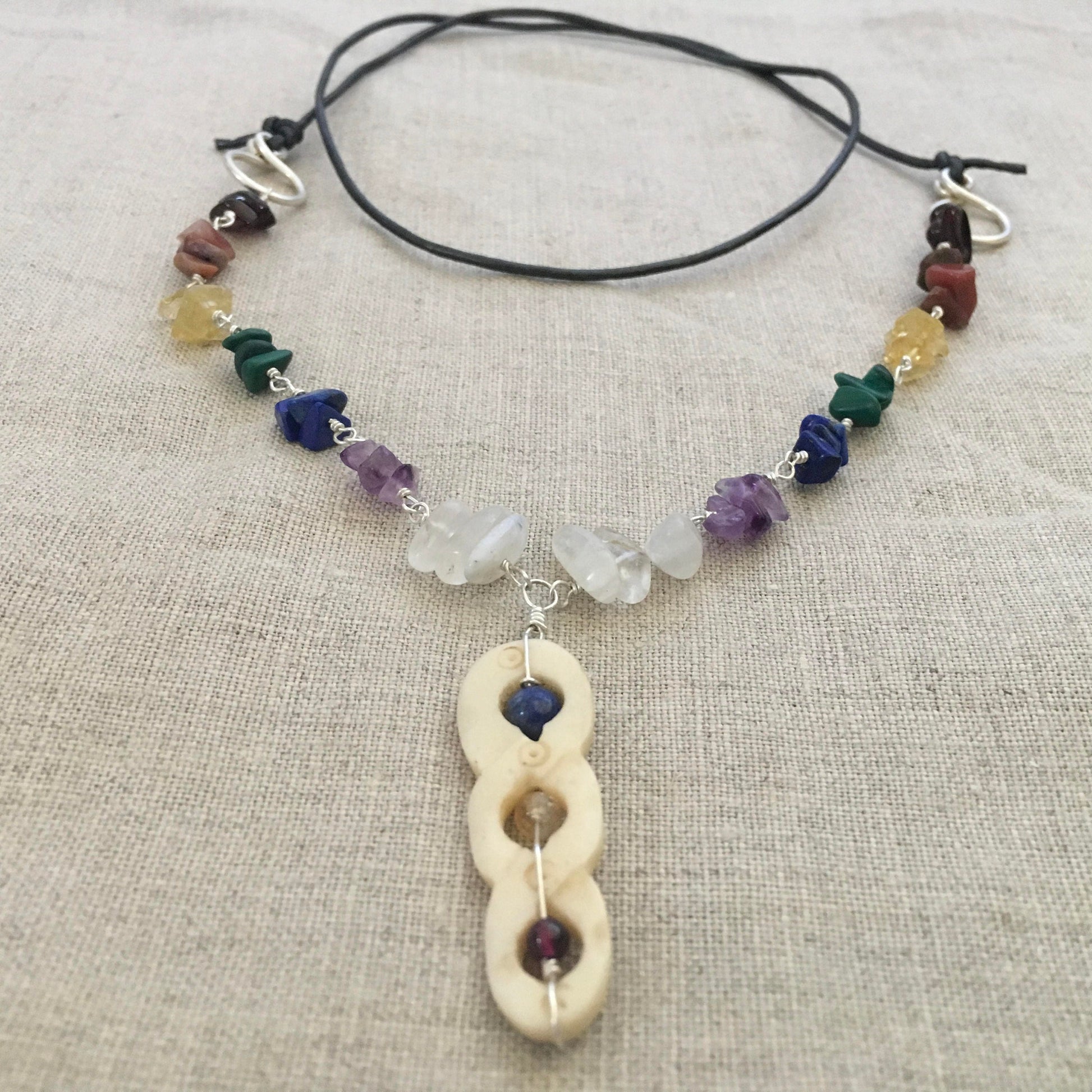 necklace "Helix" Carved Bone pendant, Rainbow stones, LGBTQ+ Jewelry, Pride jewelry, Chakra necklace, Reiki charged, Handmade chain, Rainbow