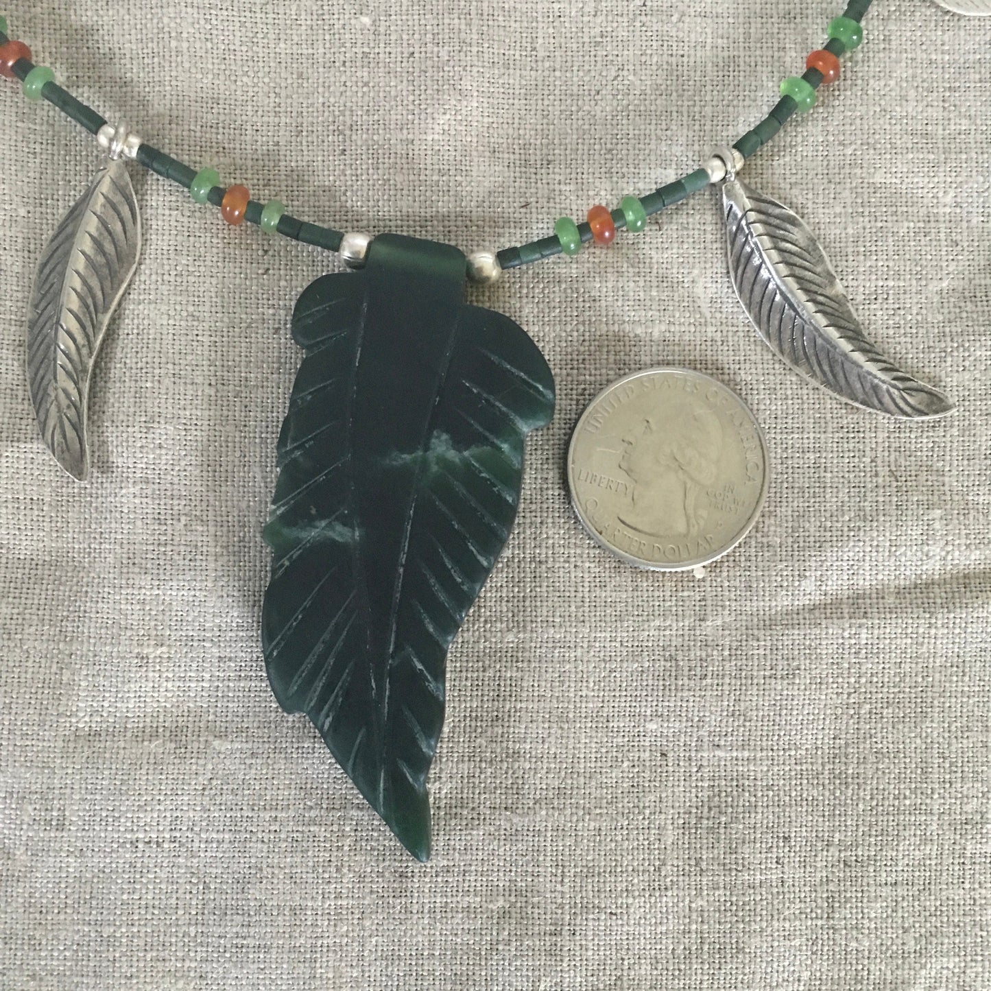 necklace "Grows on Trees" Jade Leaf pendant, Fine Silver leaves, Jade necklace, Carnelian, Gender Neutral, Gift idea, Reiki charged