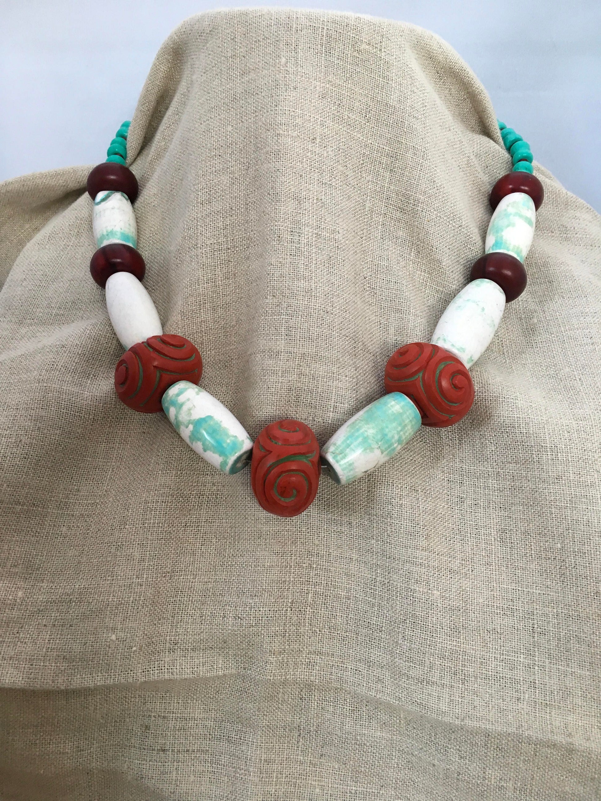 necklace "Mystery" Statement piece, Carved beads, Gender Neutral Jewelry, Large stone necklace, Reiki charged, Gift idea