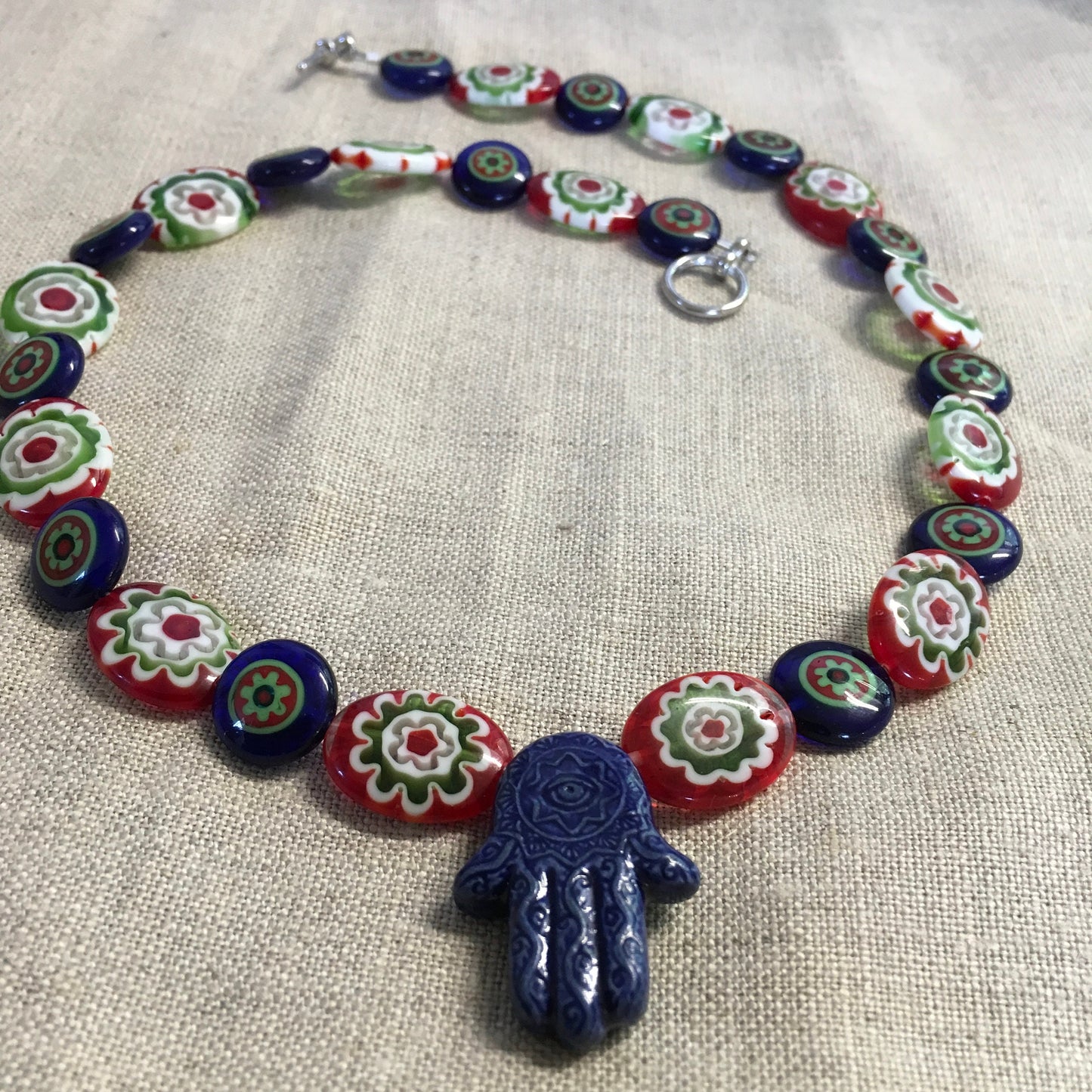 necklace "Blue Hamsa" Ceramic Hamsa, Millefiori beads, Mediterranean style, Gift idea, Festival jewelry, Gender Neutral, Reiki charged