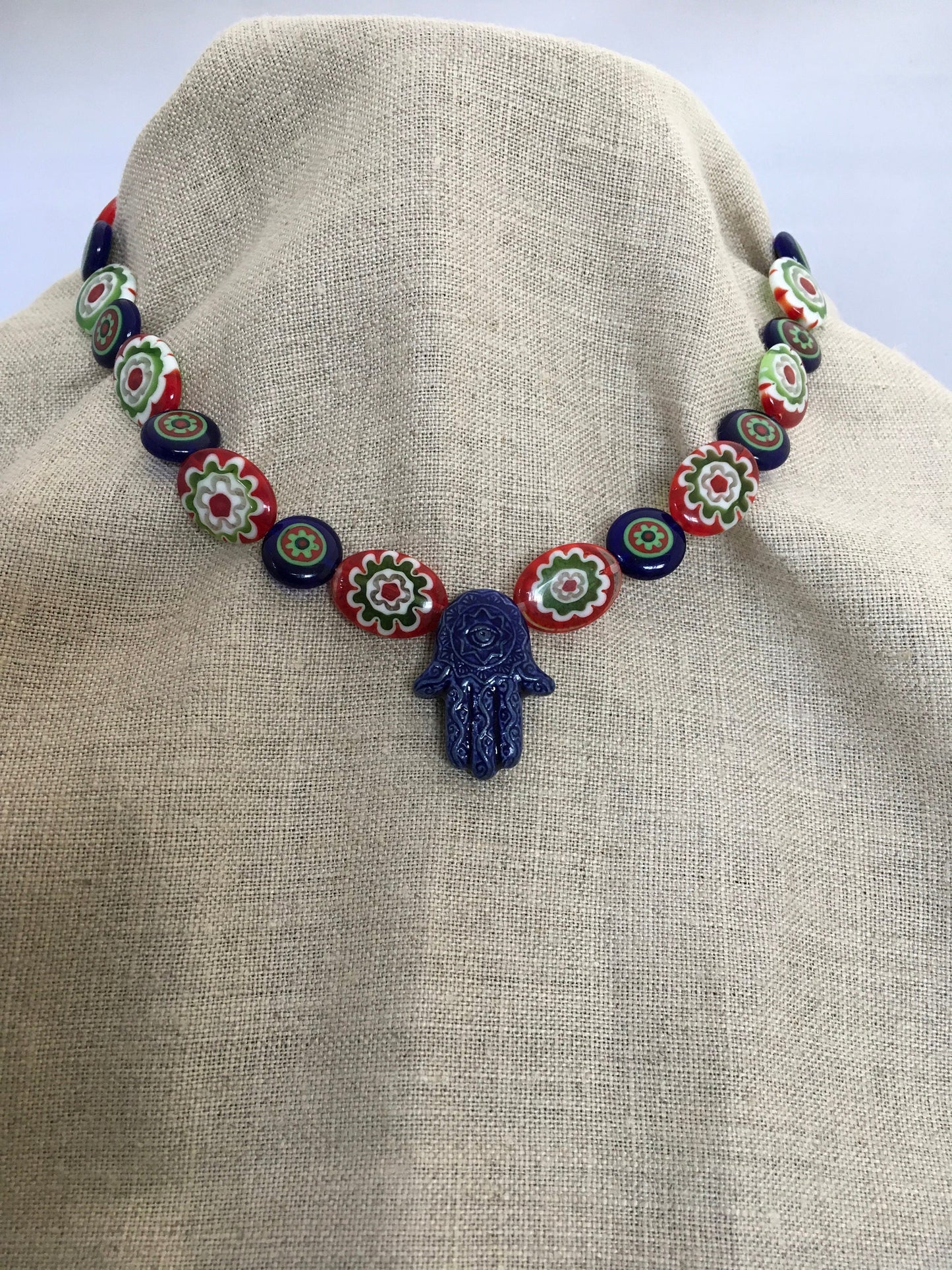 necklace "Blue Hamsa" Ceramic Hamsa, Millefiori beads, Mediterranean style, Gift idea, Festival jewelry, Gender Neutral, Reiki charged