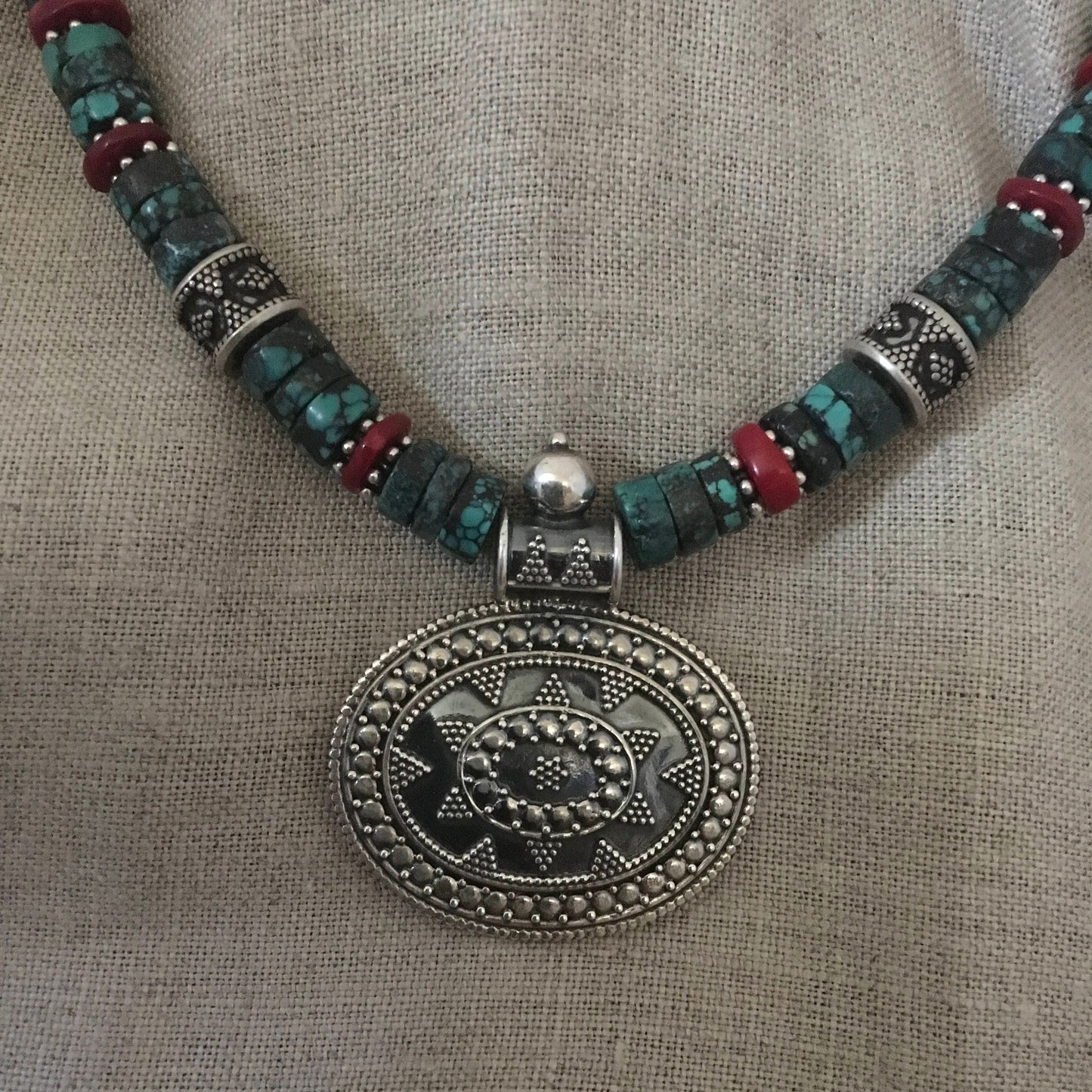 necklace "Star Turquoise" Sterling Bali pendant, Turquoise, Bali Sterling Beads, Red Coral, Gender Neutral jewelry, Gift Idea, Reiki charged