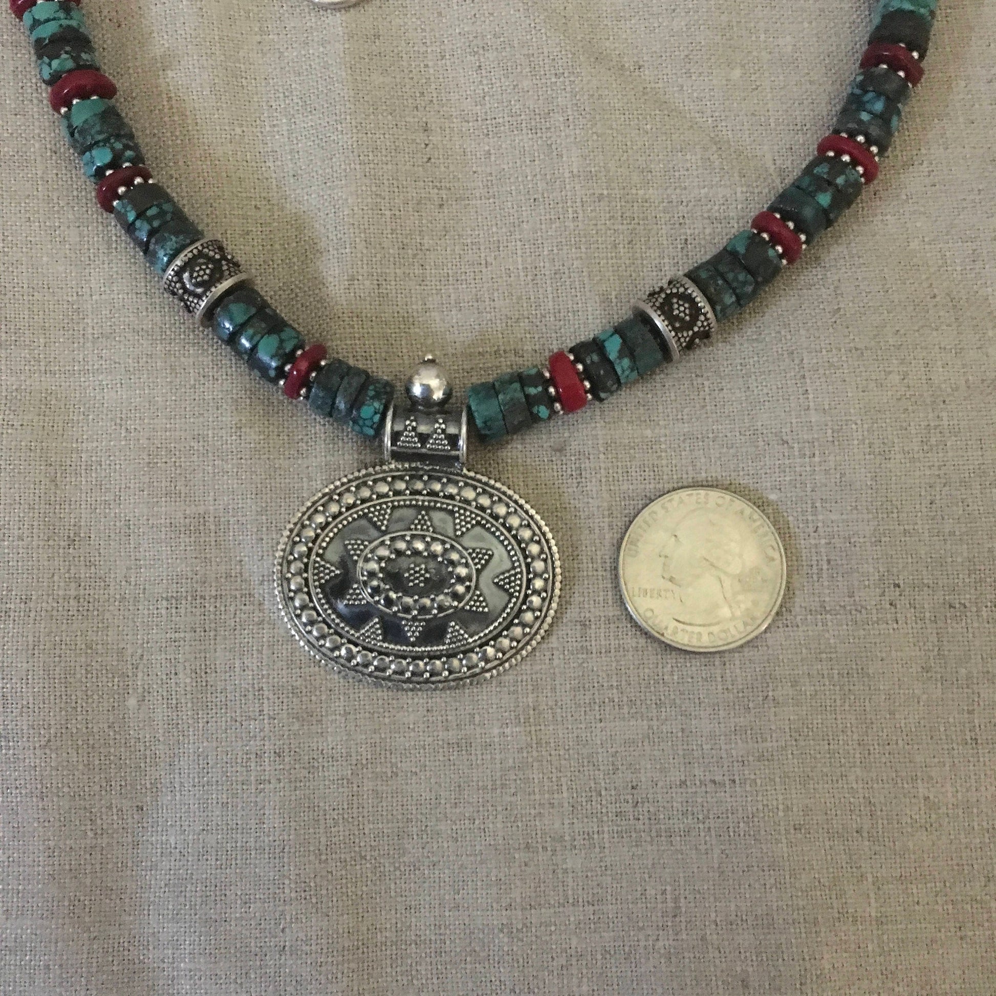 necklace "Star Turquoise" Sterling Bali pendant, Turquoise, Bali Sterling Beads, Red Coral, Gender Neutral jewelry, Gift Idea, Reiki charged