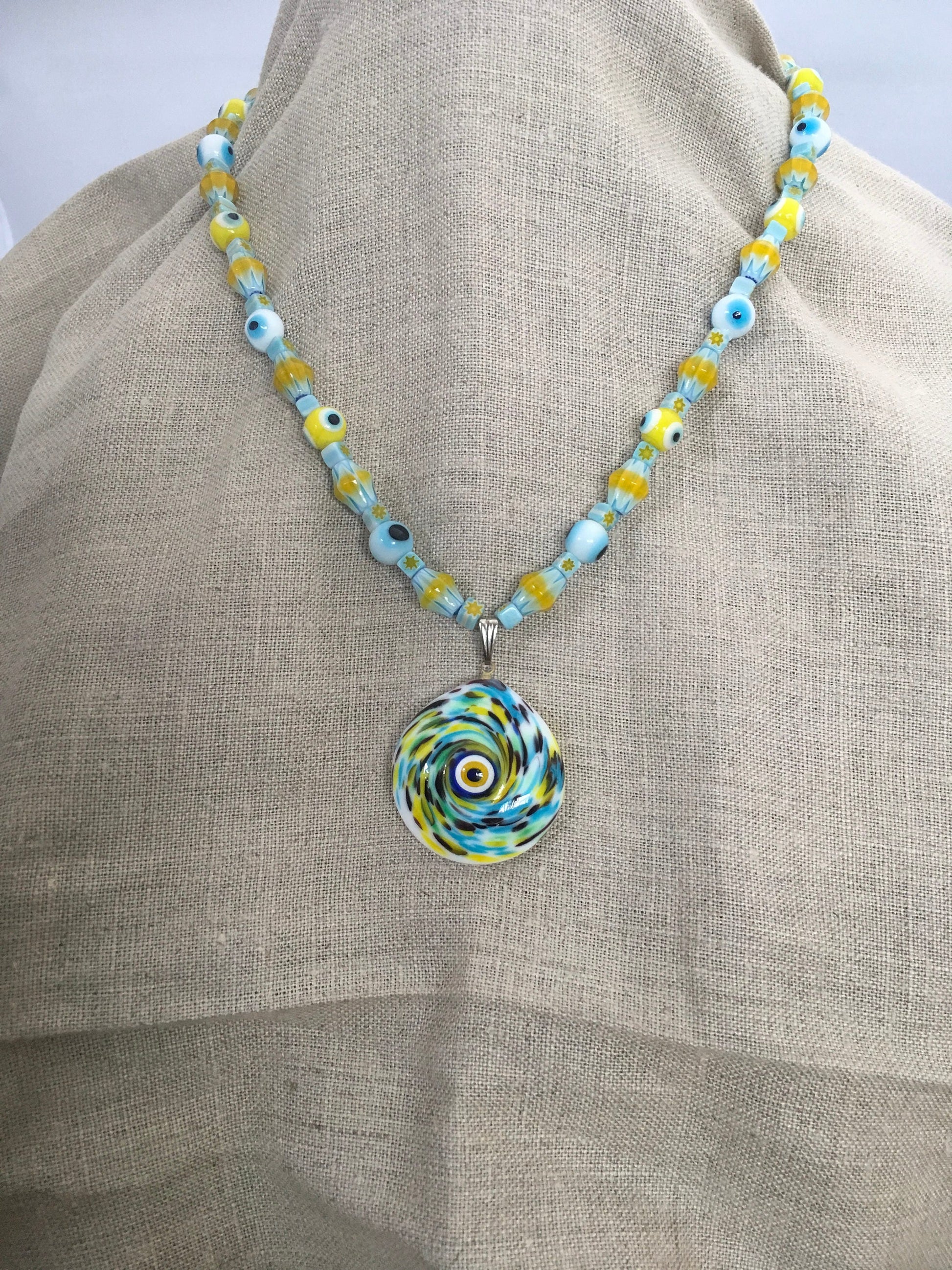 necklace "Summer Fun" Murano glass Evil Eye pendant, Chevron Beads, Evil Eyes, Festival jewelry, Reiki charged, Gender Neutral jewelry