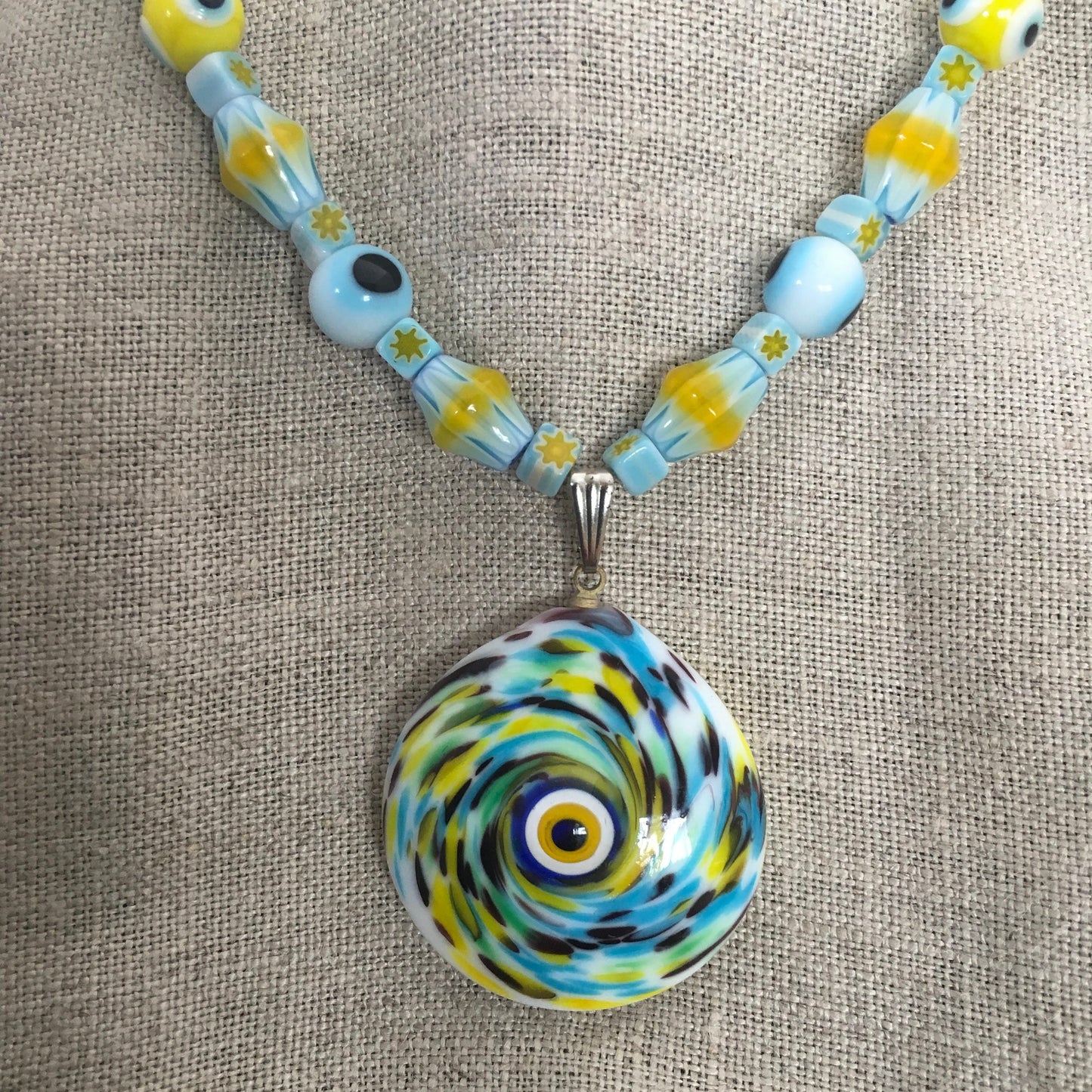 necklace "Summer Fun" Murano glass Evil Eye pendant, Chevron Beads, Evil Eyes, Festival jewelry, Reiki charged, Gender Neutral jewelry