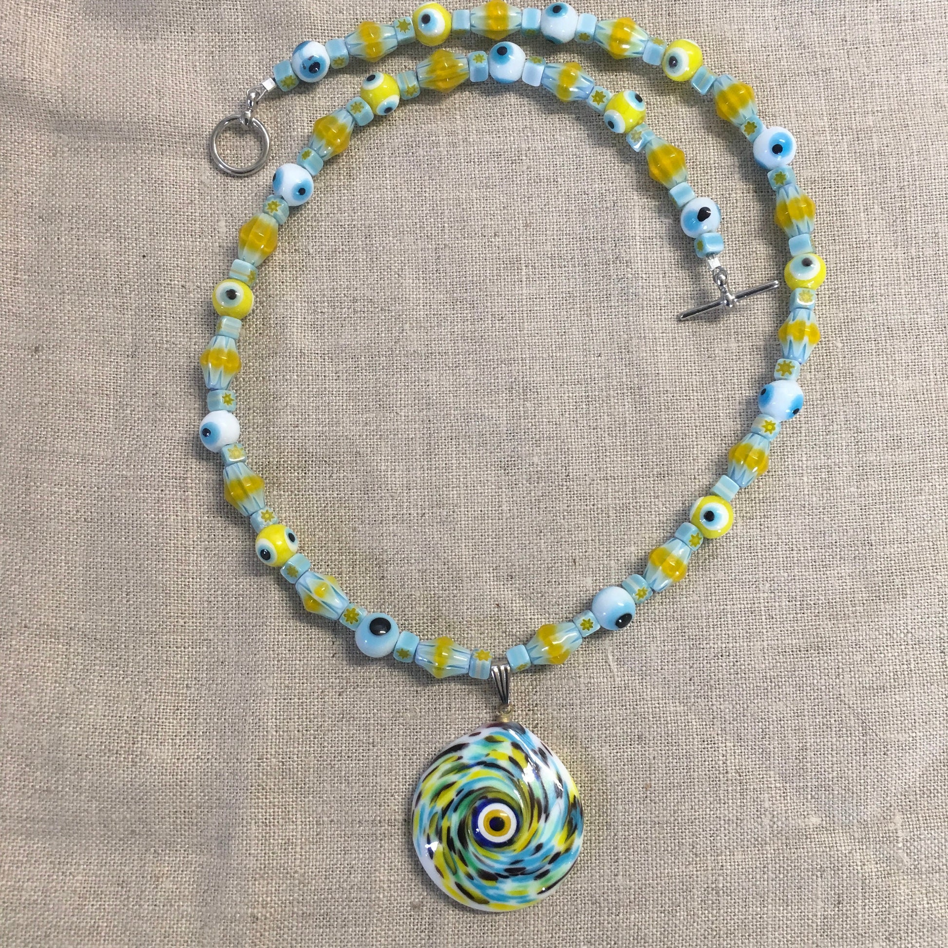 necklace "Summer Fun" Murano glass Evil Eye pendant, Chevron Beads, Evil Eyes, Festival jewelry, Reiki charged, Gender Neutral jewelry