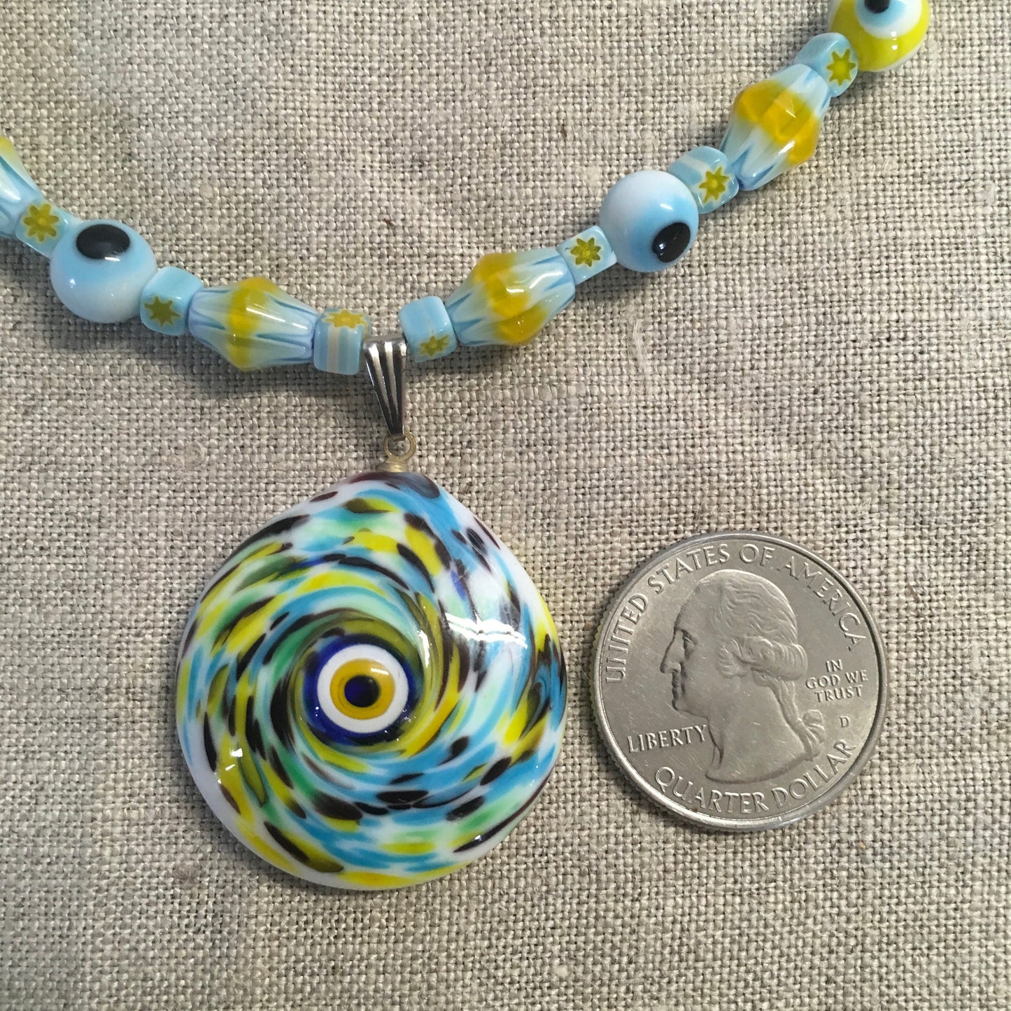 necklace "Summer Fun" Murano glass Evil Eye pendant, Chevron Beads, Evil Eyes, Festival jewelry, Reiki charged, Gender Neutral jewelry