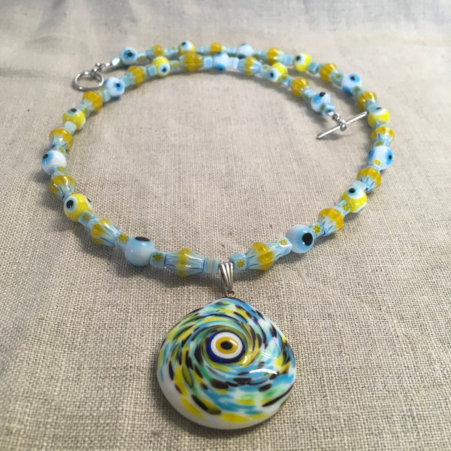 necklace "Summer Fun" Murano glass Evil Eye pendant, Chevron Beads, Evil Eyes, Festival jewelry, Reiki charged, Gender Neutral jewelry