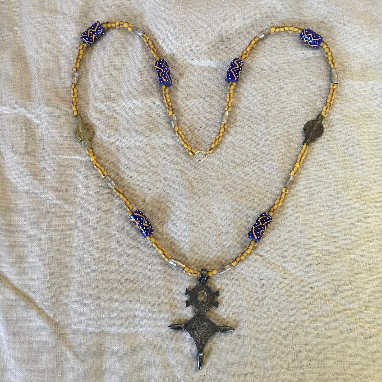 necklace "All Over Africa" Tuareg Cross, African Trade Beads, Krobo Beads, Sun Baule Brass beads, Gift Idea, Gender Neutral necklace