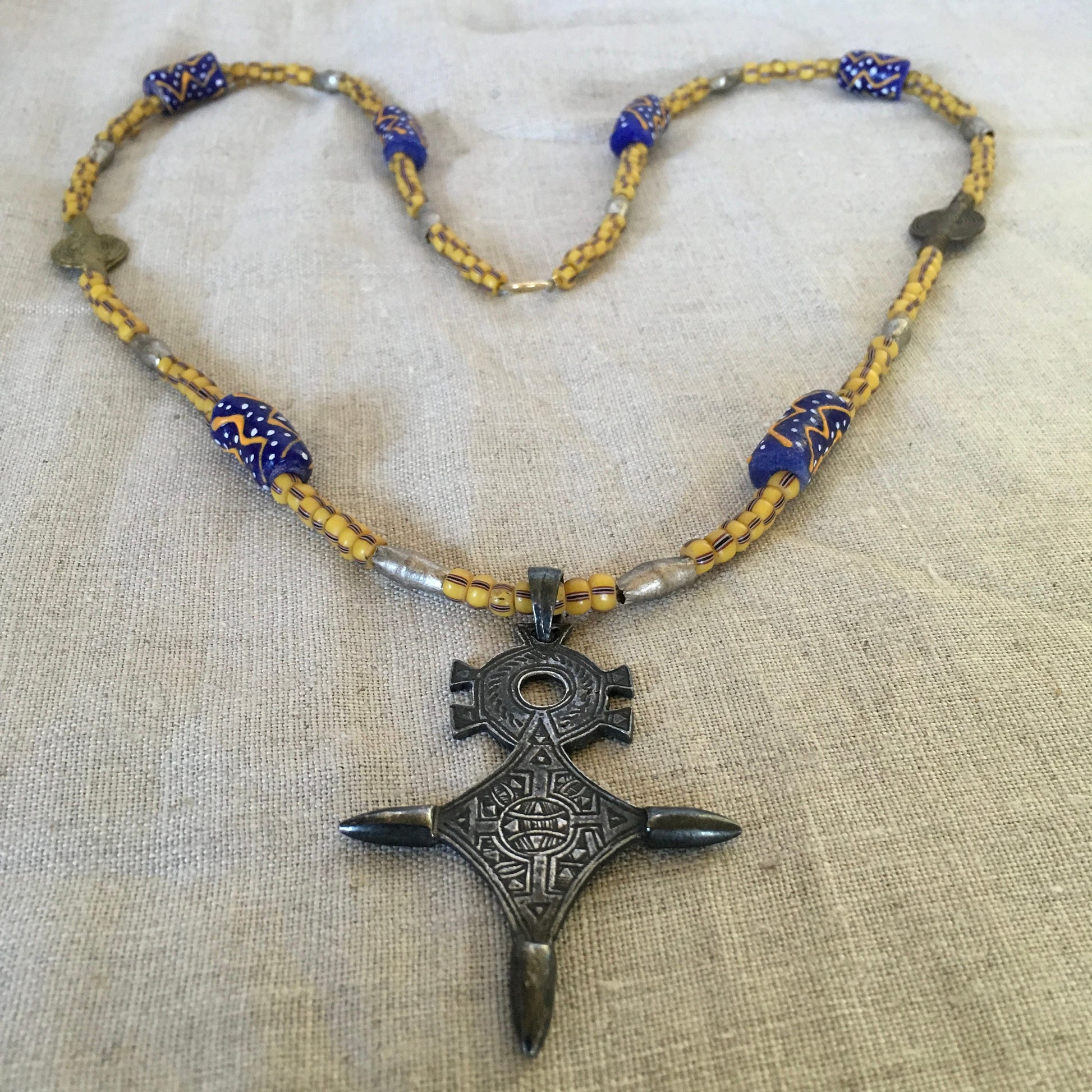 necklace "All Over Africa" Tuareg Cross, African Trade Beads, Krobo Beads, Sun Baule Brass beads, Gift Idea, Gender Neutral necklace