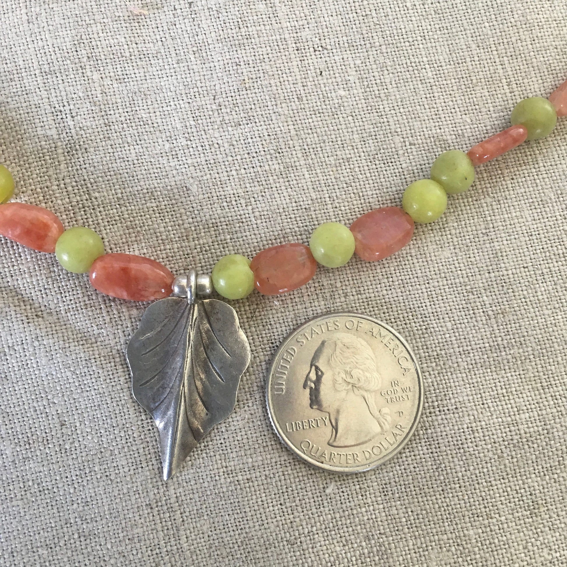 necklace "Autumn" Fine Silver Leaf pendant, Serpentine, Sunstone, Gender Neutral jewelry, Reiki charged, Hill Tribe Silver, Chiang Mai beads