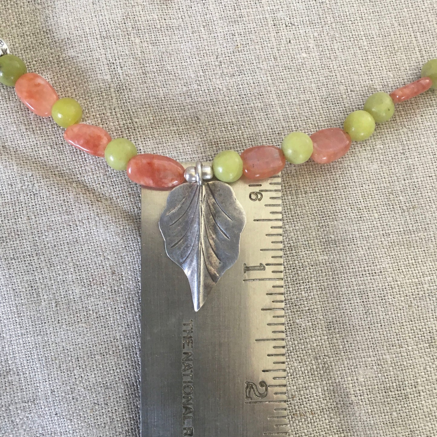 necklace "Autumn" Fine Silver Leaf pendant, Serpentine, Sunstone, Gender Neutral jewelry, Reiki charged, Hill Tribe Silver, Chiang Mai beads