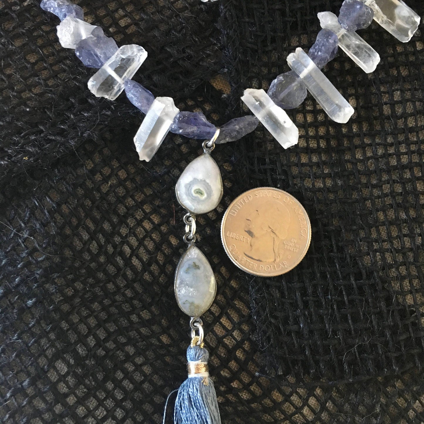 Necklace "Storm Clouds" Solar Quartz & Tassel pendant, Raw Iolite, Quartz Points, Tassel jewelry, Gender Neutral Gift Idea, Statement piece