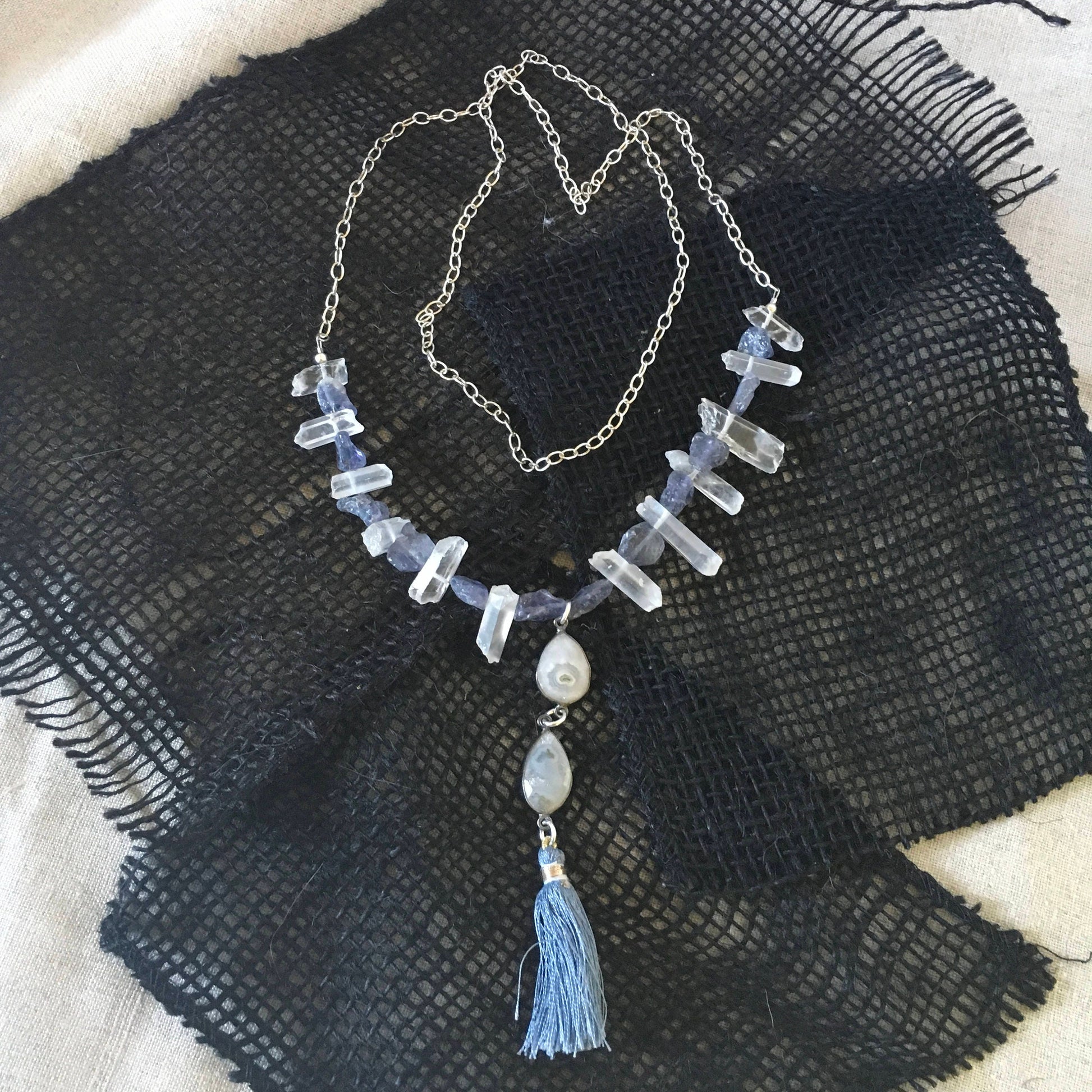 Necklace "Storm Clouds" Solar Quartz & Tassel pendant, Raw Iolite, Quartz Points, Tassel jewelry, Gender Neutral Gift Idea, Statement piece