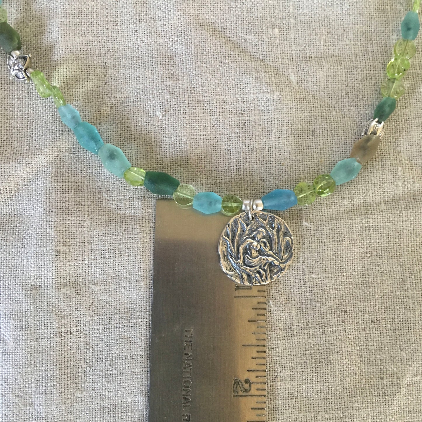 necklace "Wood Nymph" Sterling Nymph coin, Roman Glass, Peridot, Sterling Moon & Star charms, Hill Tribe Silver, Gift Idea, Reiki charged