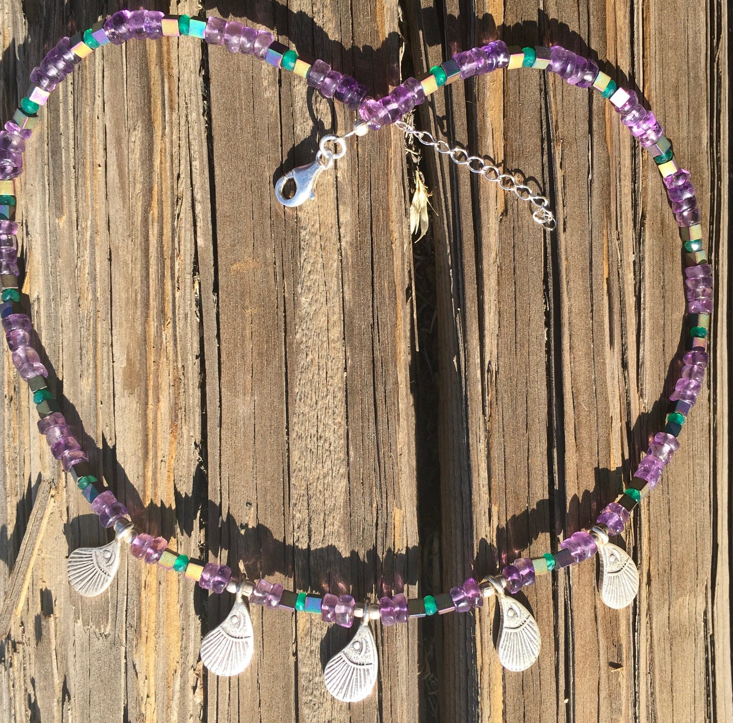 Peacock necklace "Watchful Beauty" Fine Silver Peacock feathers, Amethyst, Green Agate, Rainbow Hematite, Hera, Juno, Hill Tribe Silver