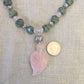 necklace "Love Grows" Carved Rose Quartz Leaf pendant, Chiang Mai Silver beads, Serpentine Hearts, Statement Piece, Hill Tribe Silver, Reiki