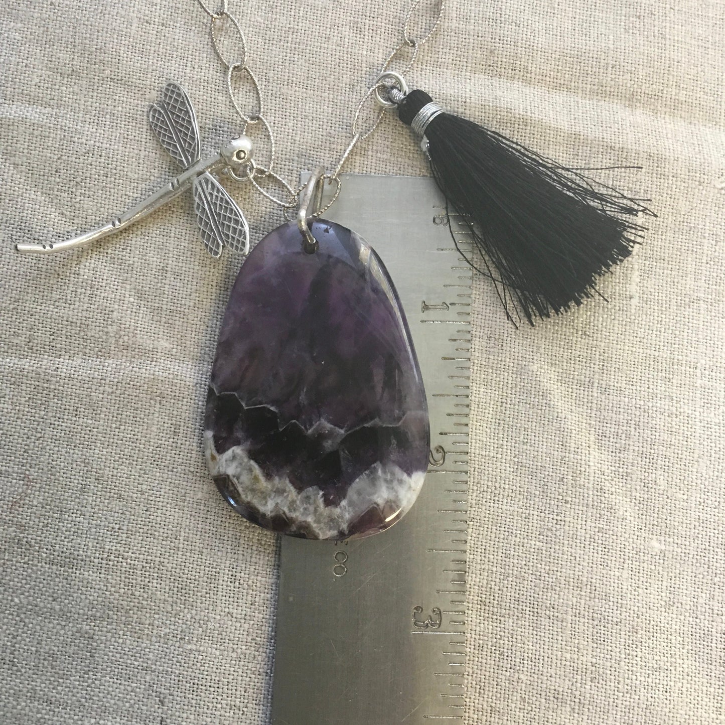 pendant "Transformative Healing" Chevron Amethyst, Hill Tribe Silver Damselfly, Black Tassel, Sterling chain, Reiki charged, Gift idea