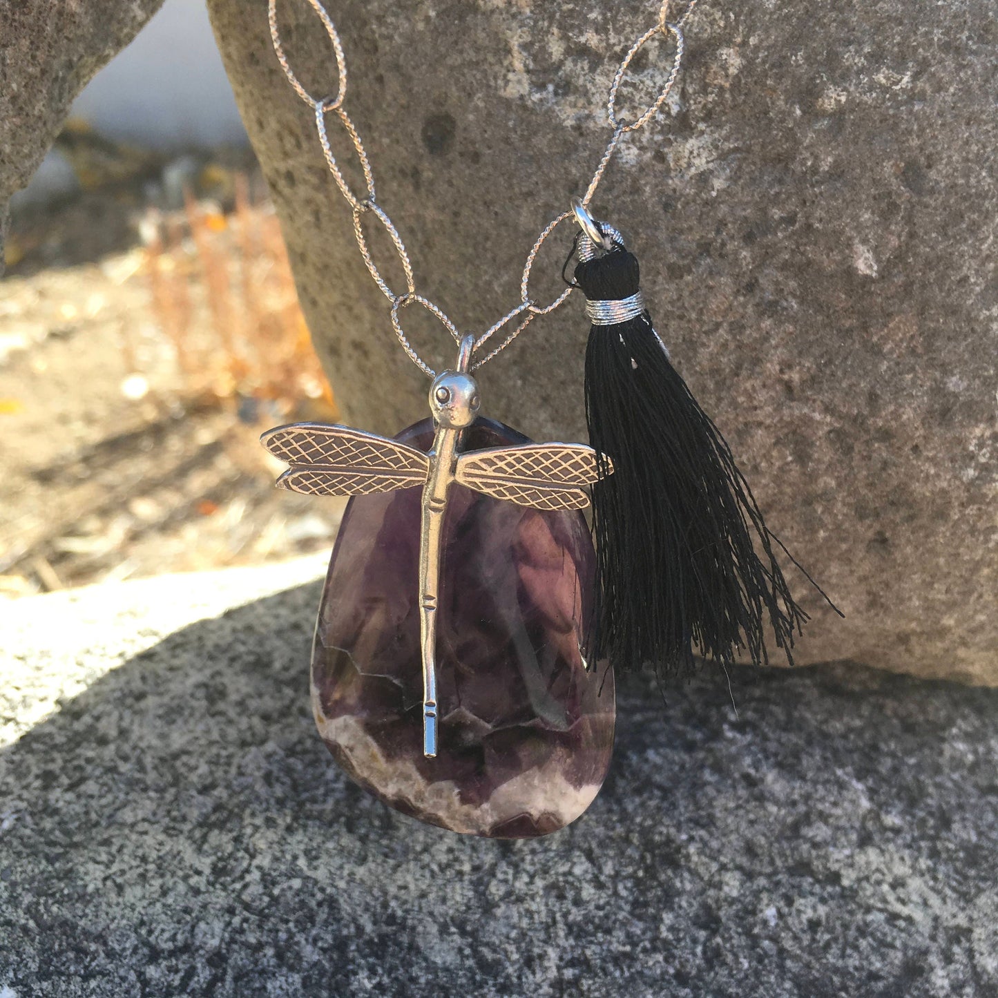 pendant "Transformative Healing" Chevron Amethyst, Hill Tribe Silver Damselfly, Black Tassel, Sterling chain, Reiki charged, Gift idea