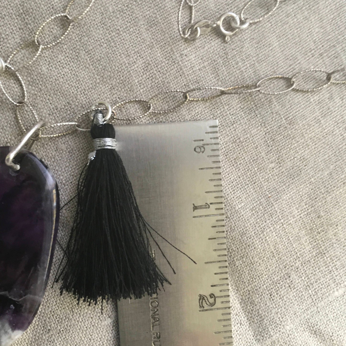 pendant "Transformative Healing" Chevron Amethyst, Hill Tribe Silver Damselfly, Black Tassel, Sterling chain, Reiki charged, Gift idea