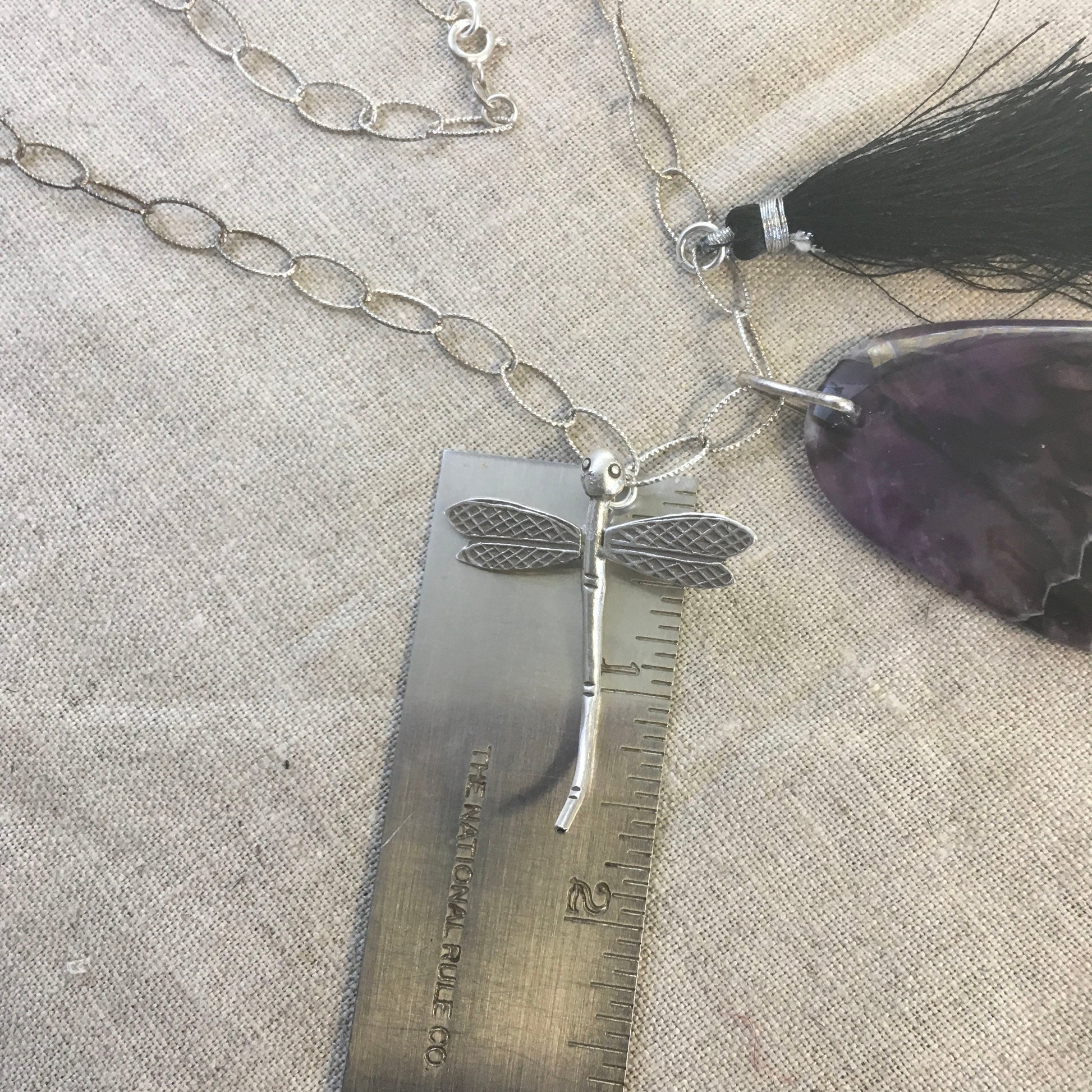 pendant "Transformative Healing" Chevron Amethyst, Hill Tribe Silver Damselfly, Black Tassel, Sterling chain, Reiki charged, Gift idea