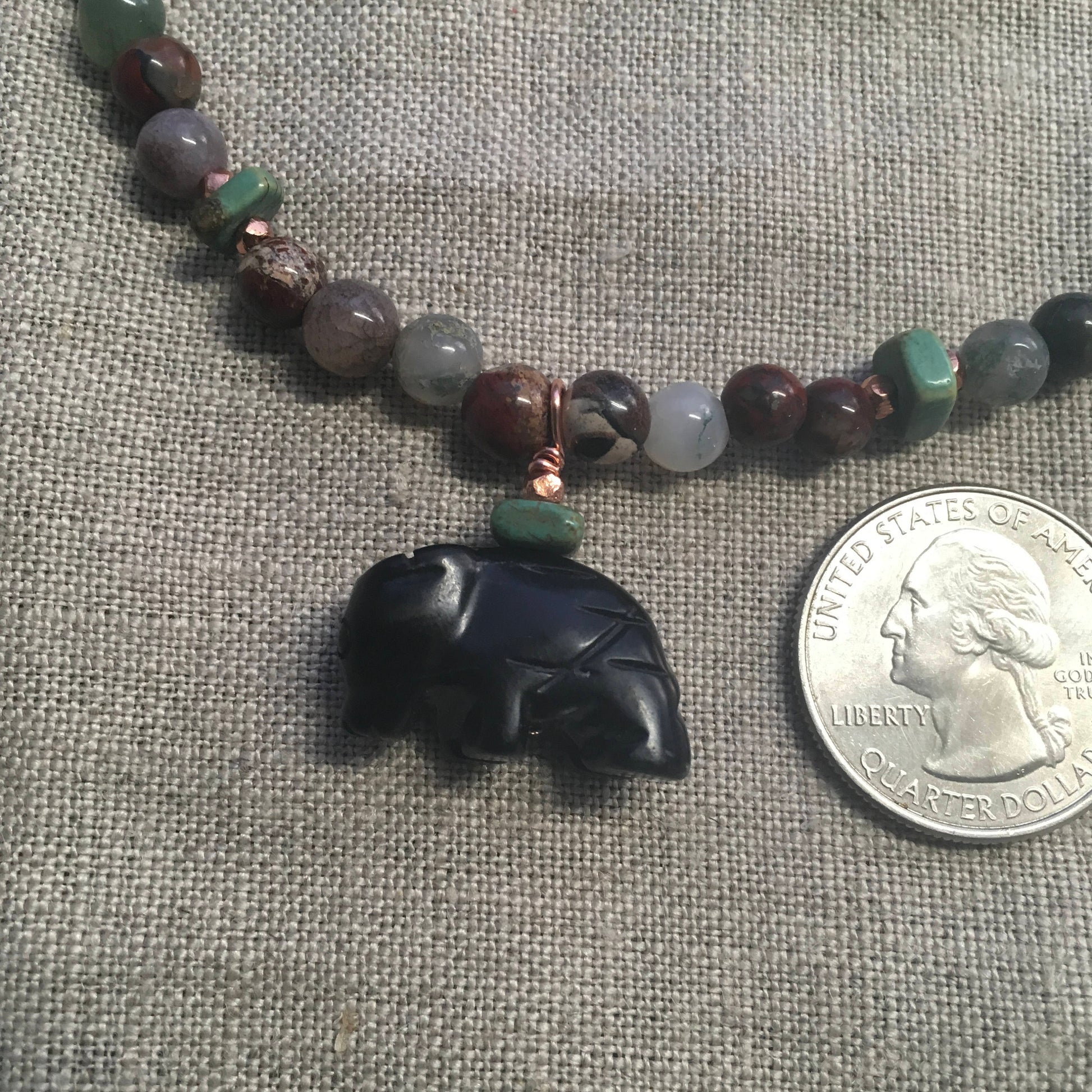 necklace "Idealized Past" Carved Onyx Zuni Buffalo, Turquoise, Agate, Jasper, Copper, Wild West series, Gift idea, Gender Neutral jewelry