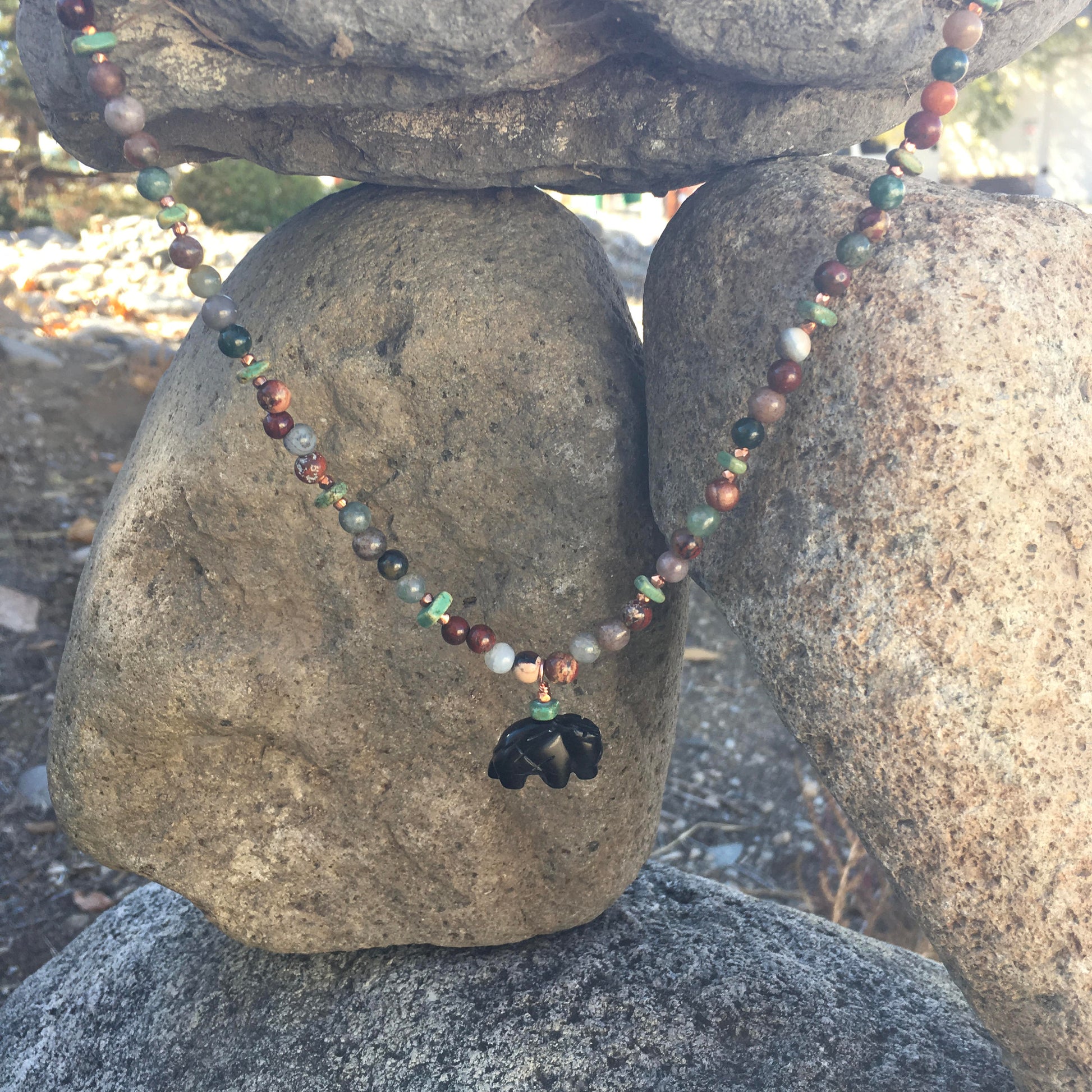 necklace "Idealized Past" Carved Onyx Zuni Buffalo, Turquoise, Agate, Jasper, Copper, Wild West series, Gift idea, Gender Neutral jewelry