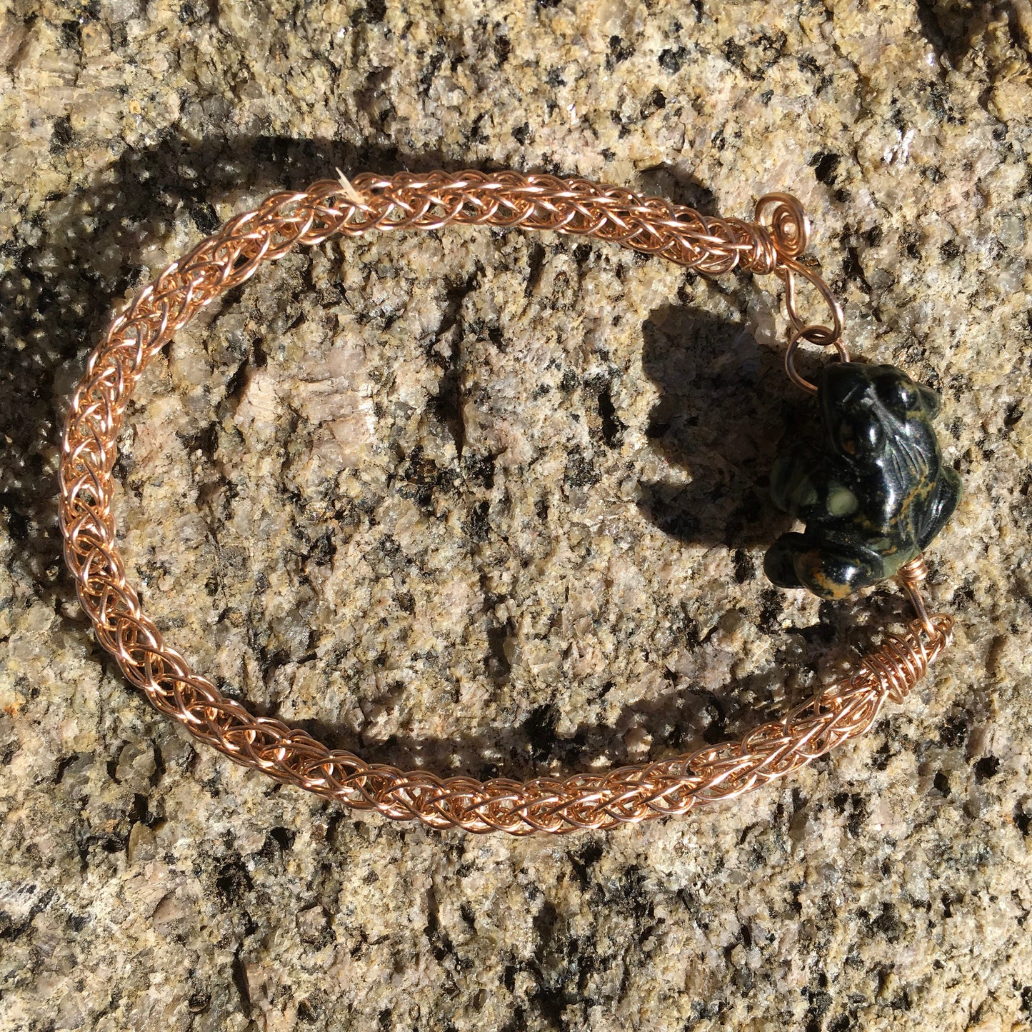 Viking knit bracelet "Frog" Bronze wire, Carved Jasper Frog, Gift for him, Gift for her, Reiki charged, Unisex jewelry, hand made chain