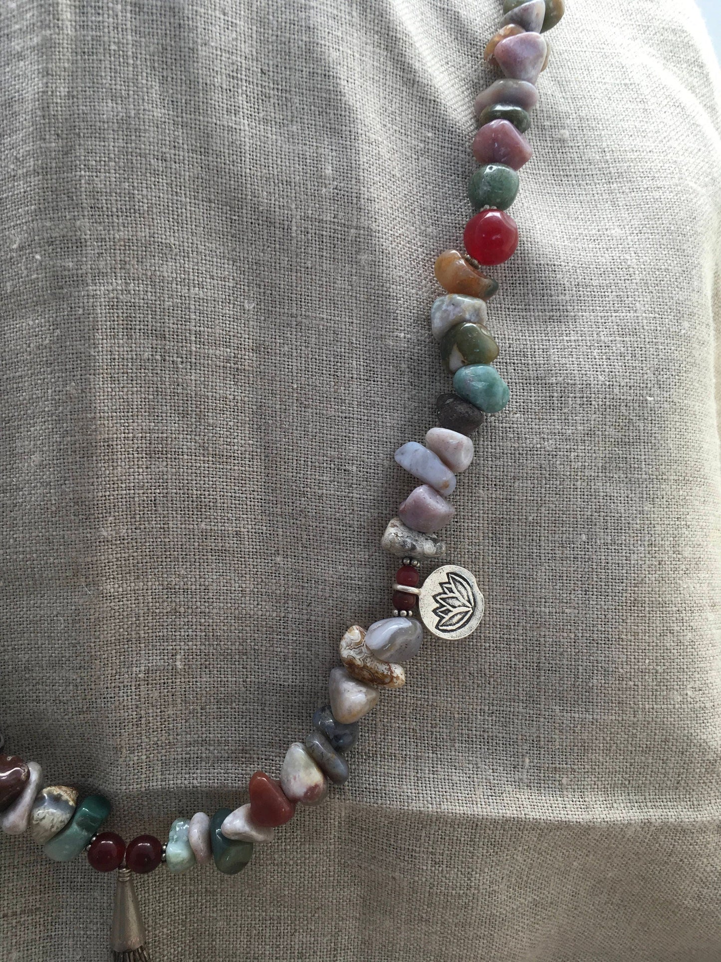 necklace "Zen" Buddha bead, Sterling tassel, Hill Tribe Silver, Ohm and Lotus charm, Agate Beads, Reiki charged, Gift idea, Gender Neutral