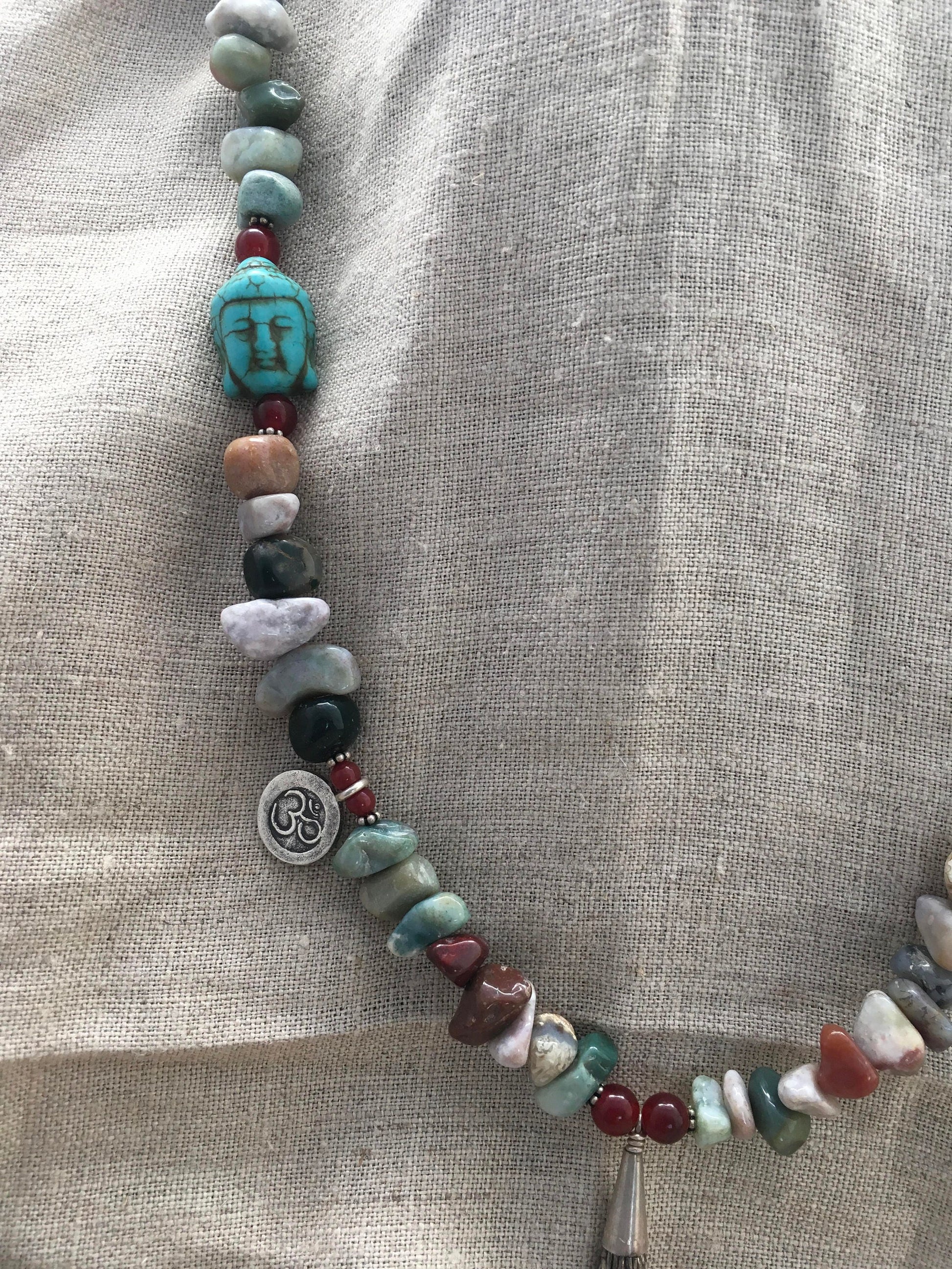 necklace "Zen" Buddha bead, Sterling tassel, Hill Tribe Silver, Ohm and Lotus charm, Agate Beads, Reiki charged, Gift idea, Gender Neutral