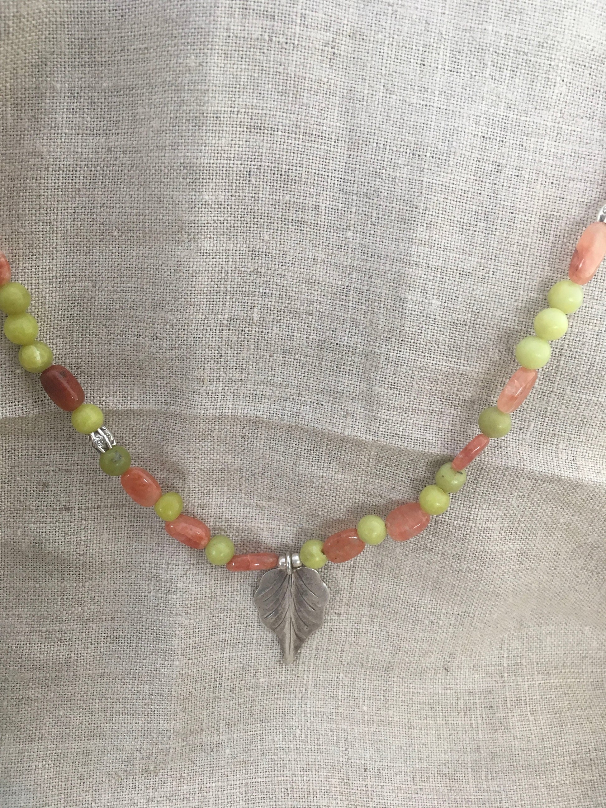 necklace "Autumn" Fine Silver Leaf pendant, Serpentine, Sunstone, Gender Neutral jewelry, Reiki charged, Hill Tribe Silver, Chiang Mai beads