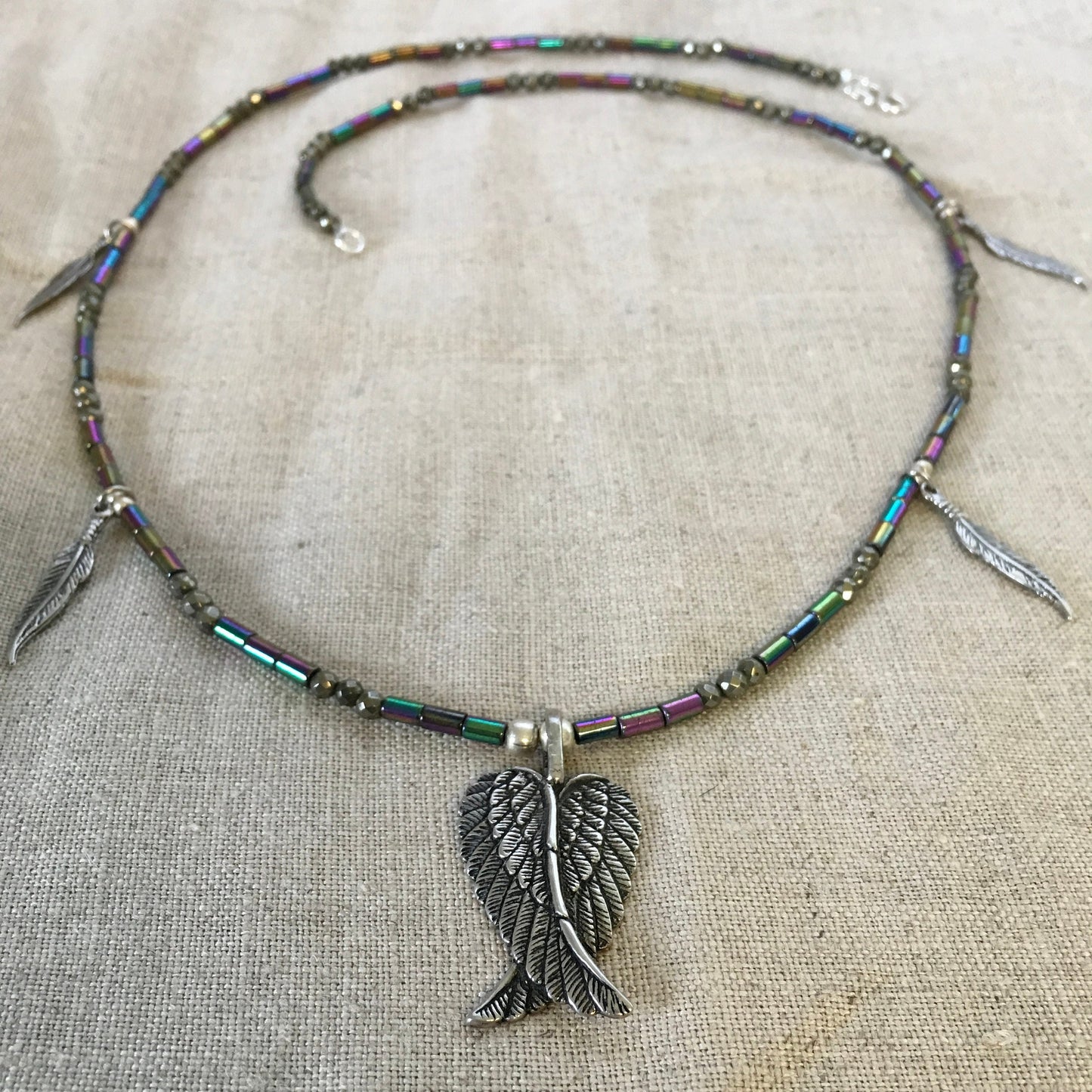 necklace "Archangel" Sterling Wings, SS Feathers, Hematite, Pyrite, Angels, Reiki charged, Angel jewelry, Gift idea, Gender neutral jewelry